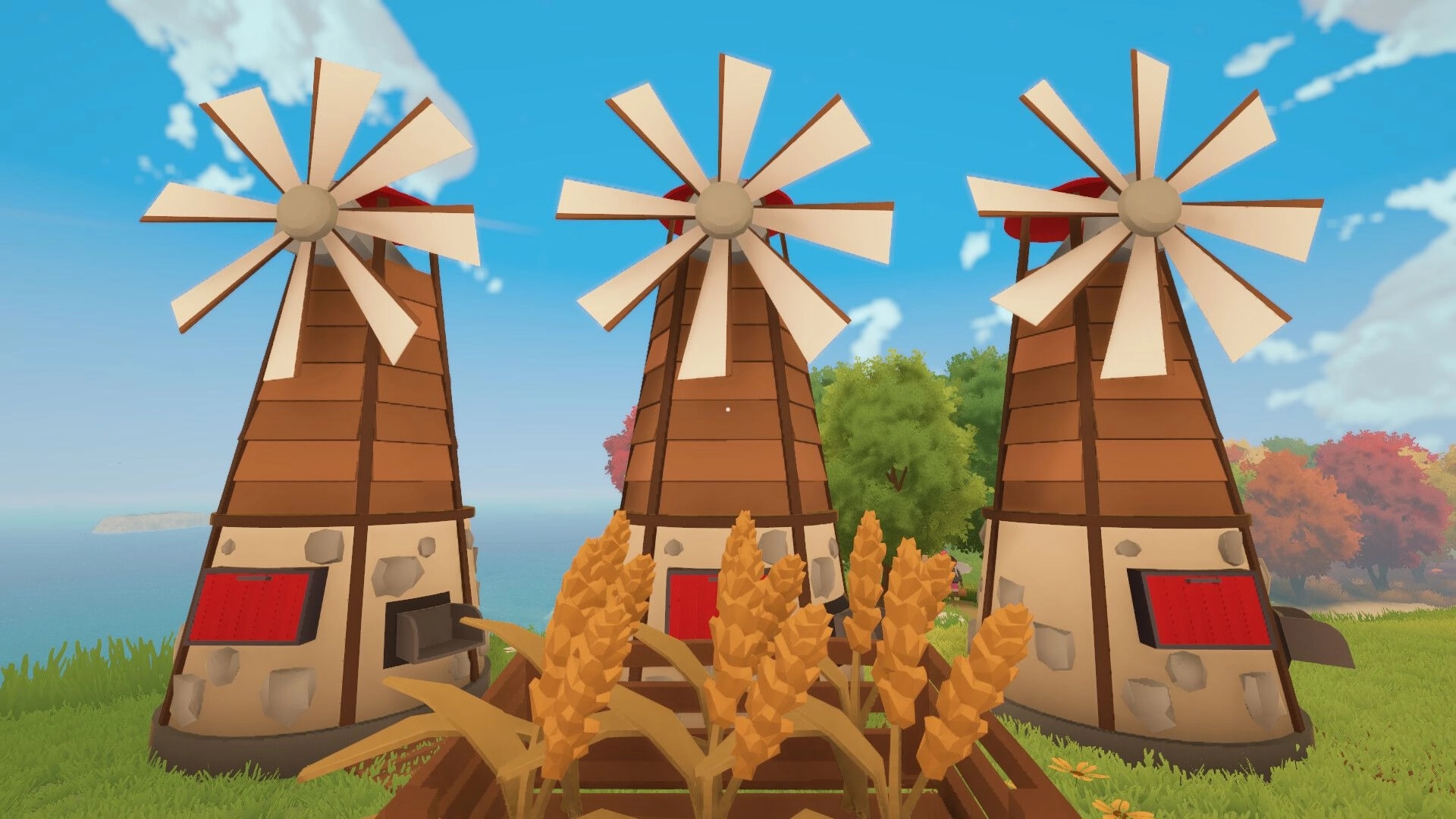 Farm to Table: Three windmills turning beside golden wheat fields under a bright blue sky