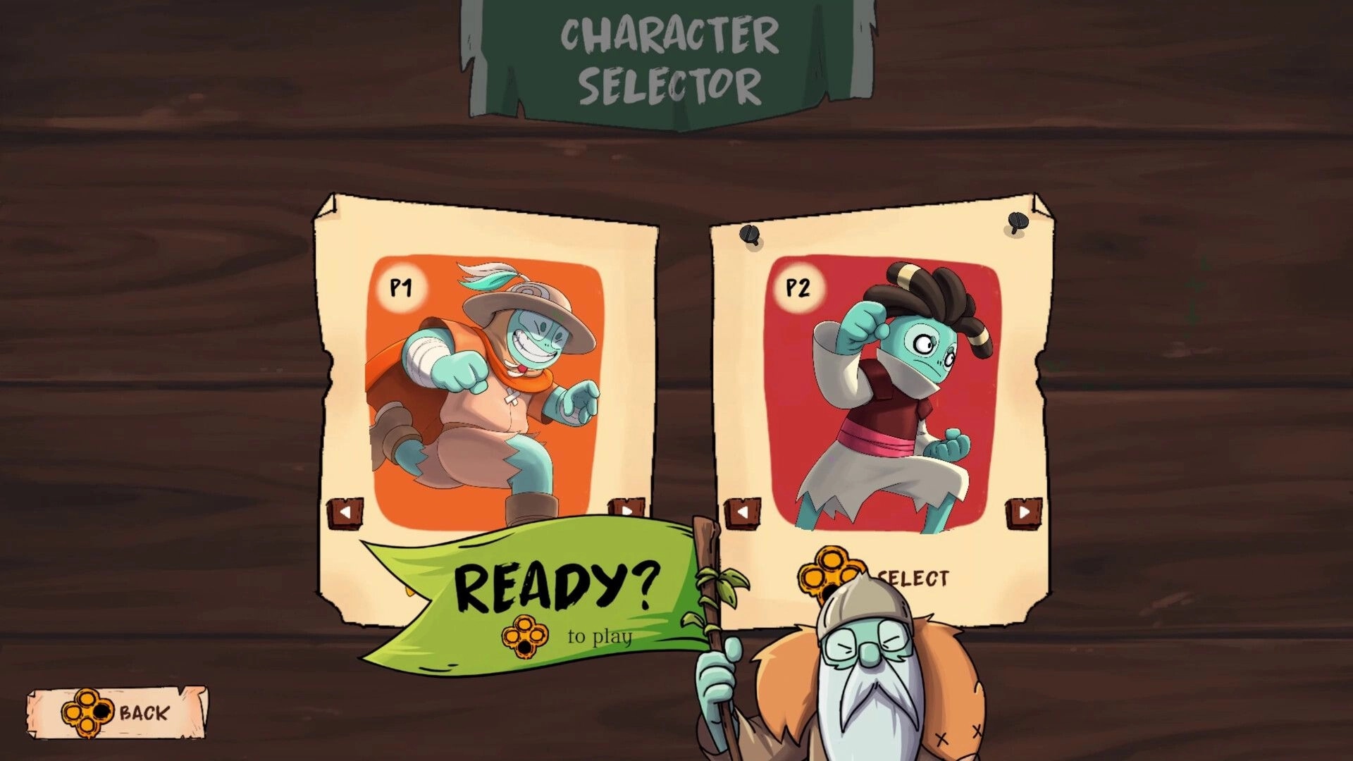 Farmageddon: Character selector menu with P1 and P2 hero portraits and a Ready? banner on wood backdrop.