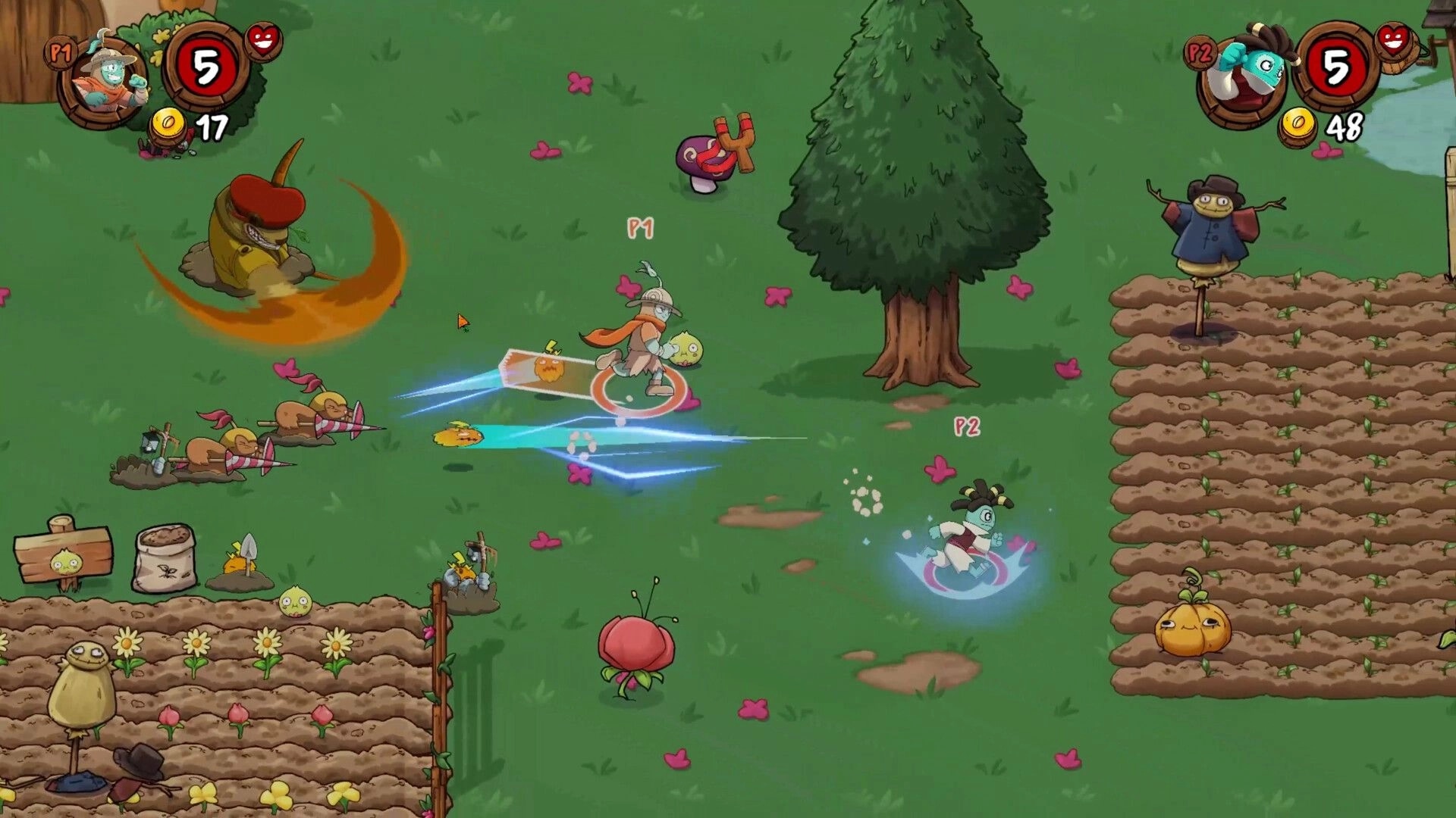 Farmageddon: P1 dashes past veggie enemies as P2 dodges near crops in a grassy farm field UI.