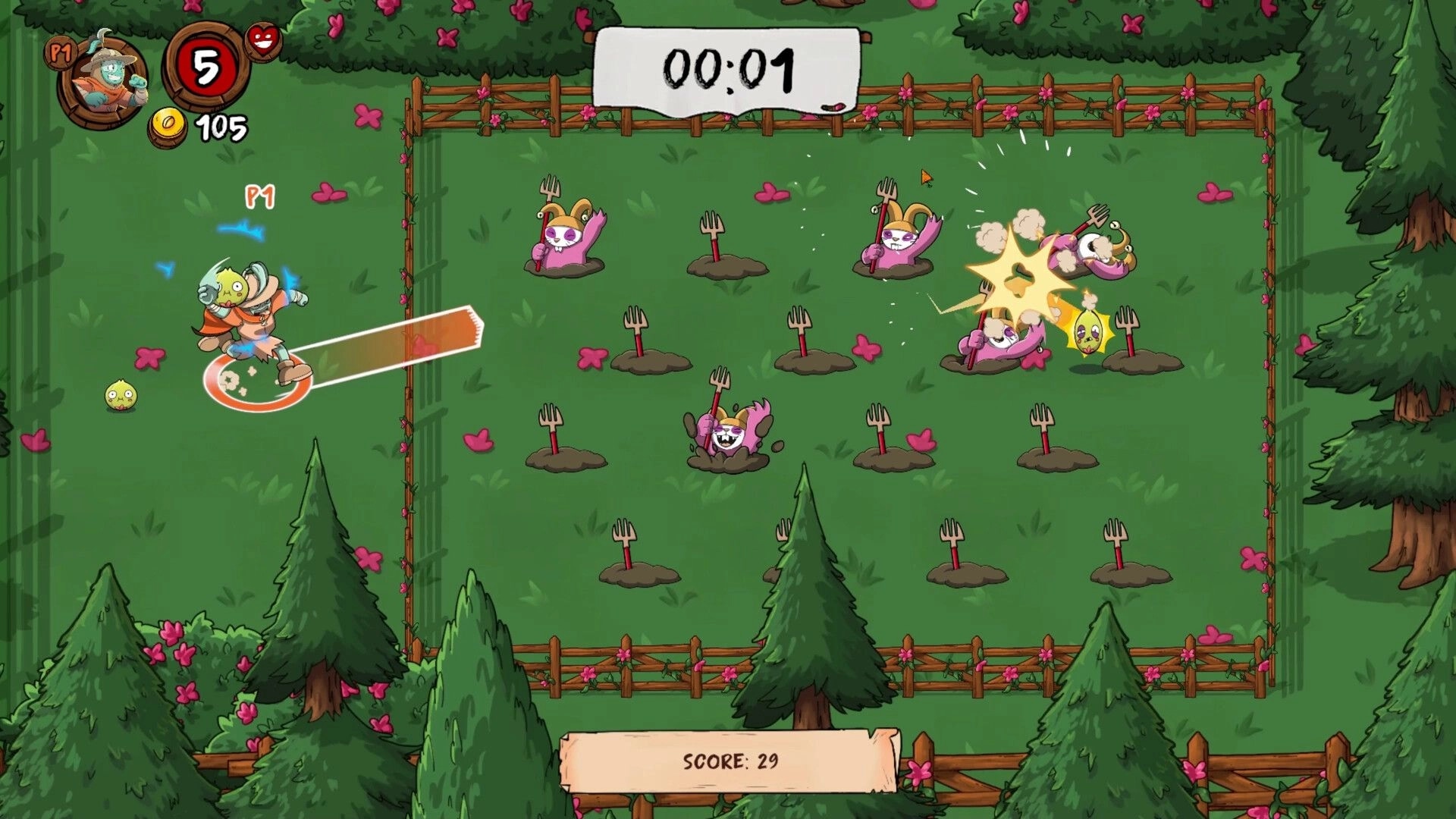 Farmageddon: P1 swings a bat at fork-wielding veggie enemies in a fenced garden arena with timer UI.