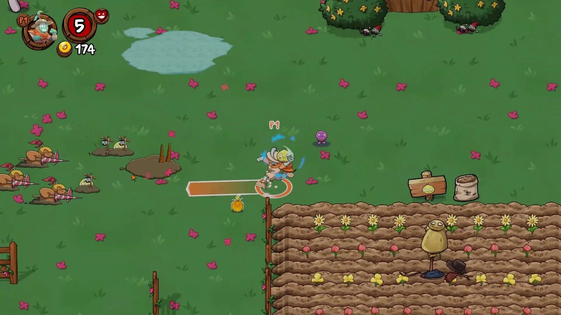 Farmageddon: P1 dashes near a purple enemy with timer 5 and 174 coins on a grassy farm plot.