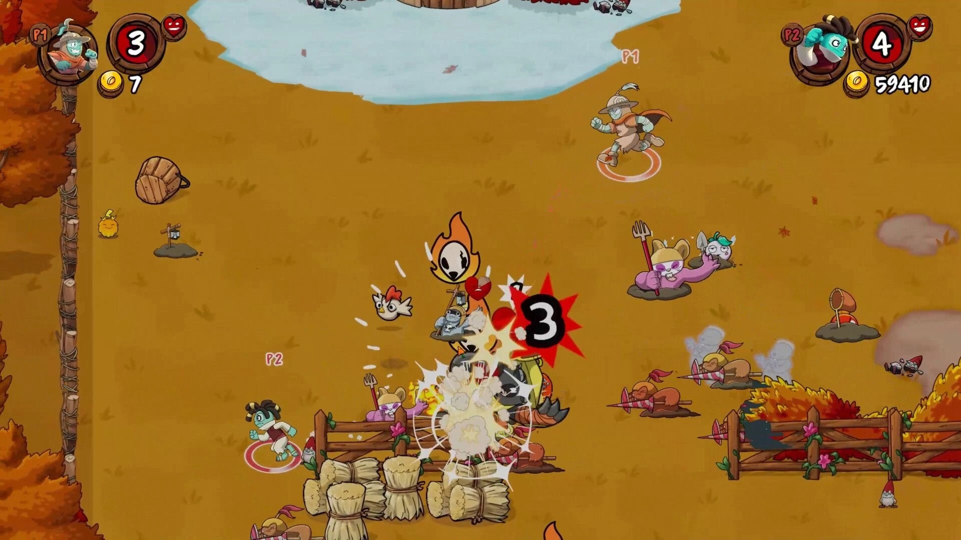 Farmageddon: Two-player brawl with damage popups and veggie enemies on a fenced autumn farm field.