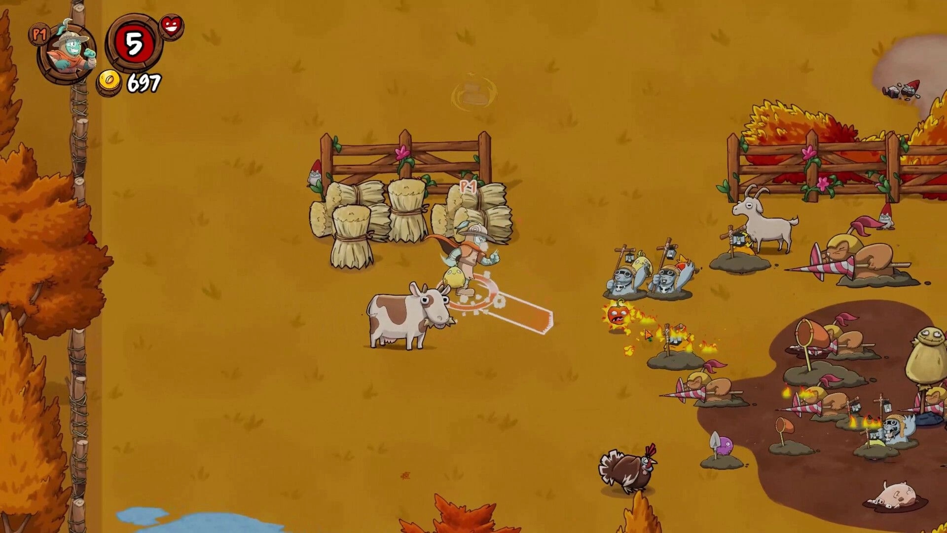 Farmageddon: P1 farmer swings a bat at veggie enemies by hay bales and fences in a dusty field.