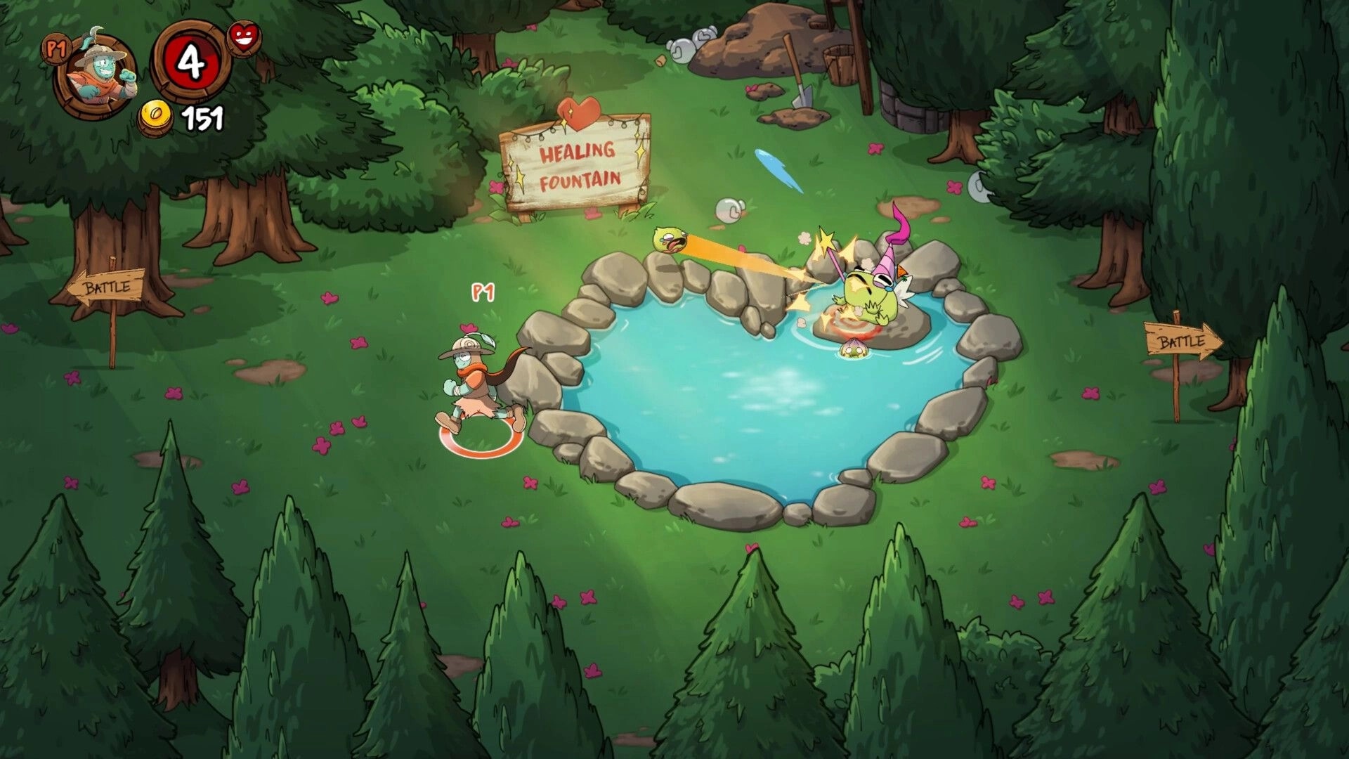 Farmageddon: P1 character circles a healing fountain as a veggie enemy splashes in a forest clearing.