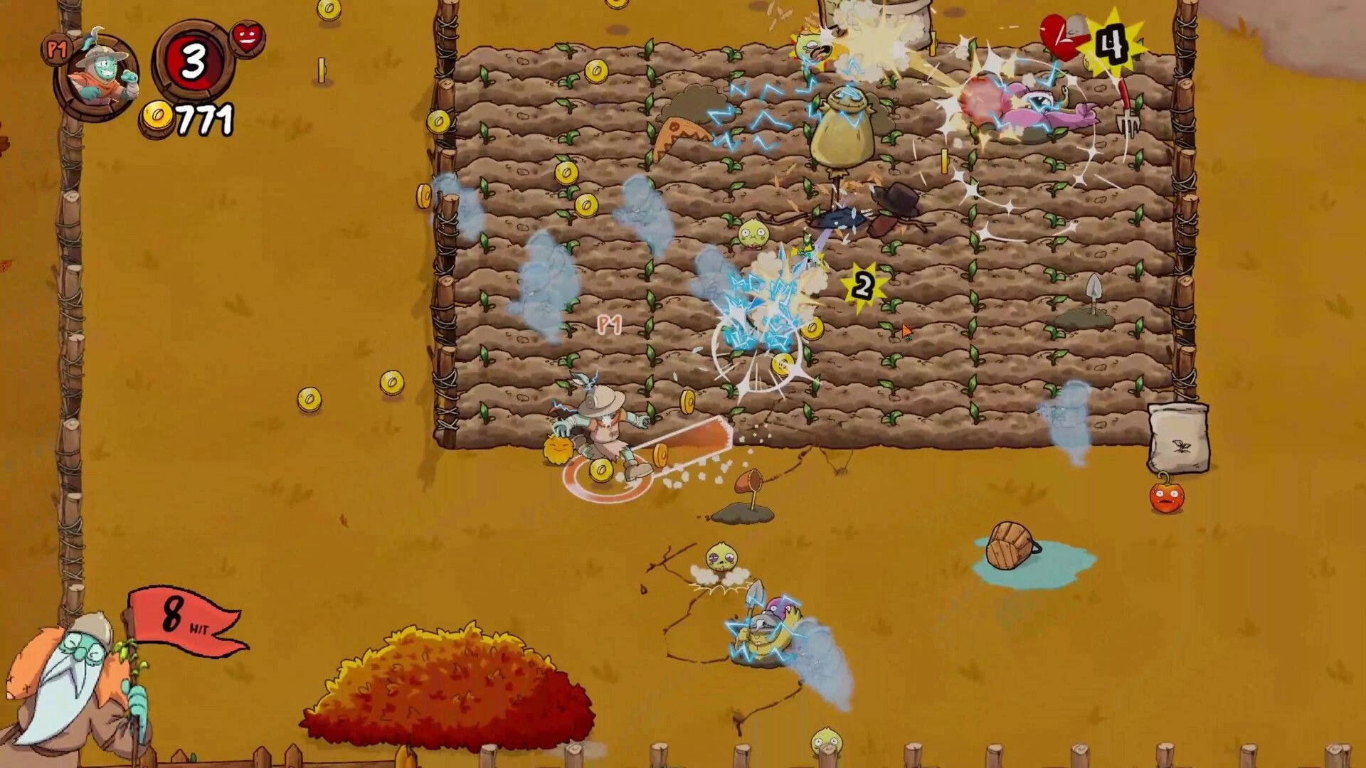 Farmageddon: P1 farmer swings a club amid lightning hits and coins on a tilled field with HUD hearts and score.
