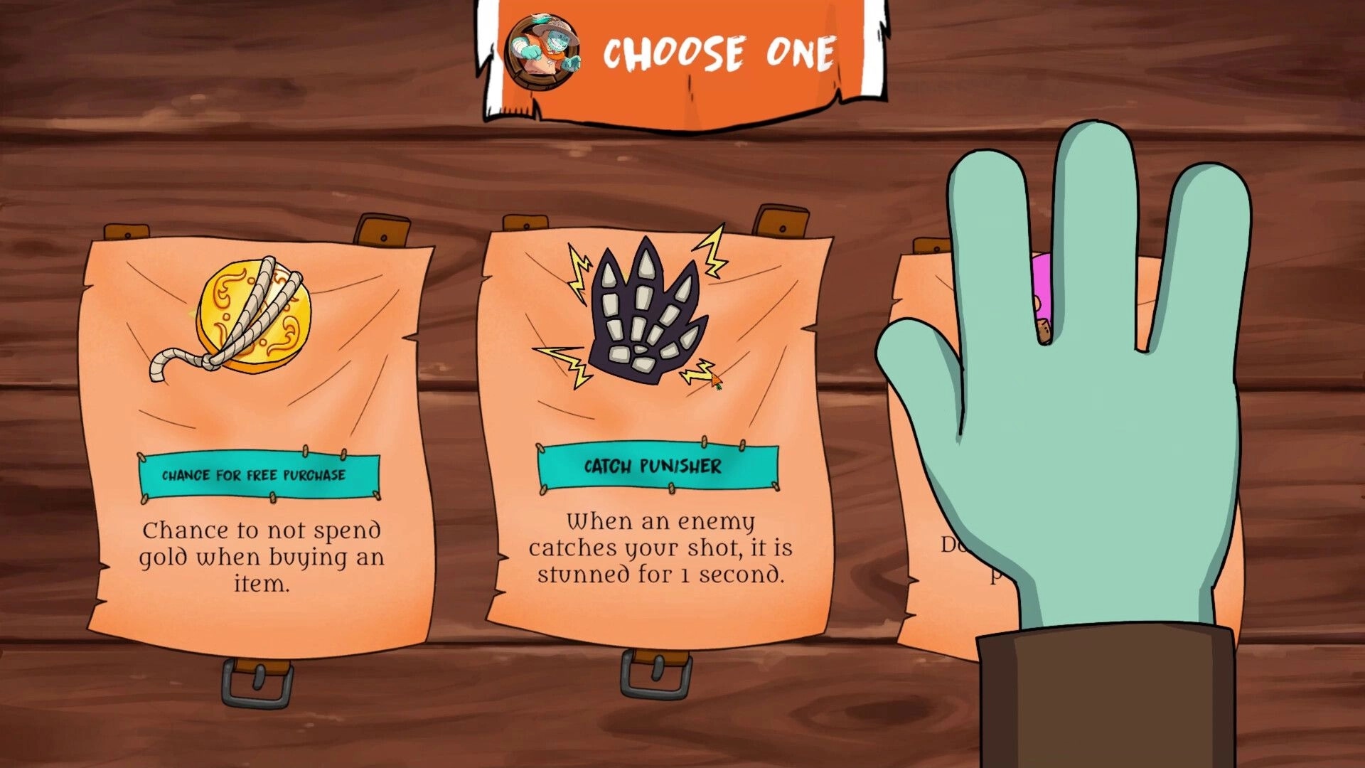 Farmageddon: Choose one perk screen with three cards on a wooden wall, gloved hand selecting right card.