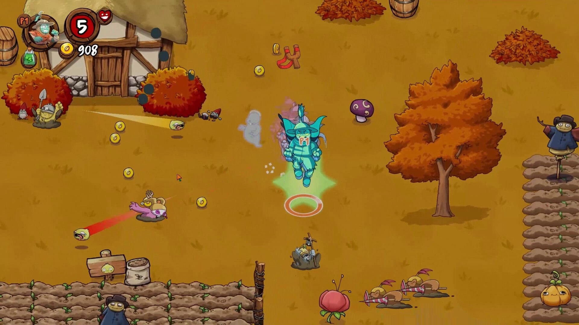 Farmageddon: P1 blue farmhand dodges veggie shots and collects coins in an autumn farmyard arena.