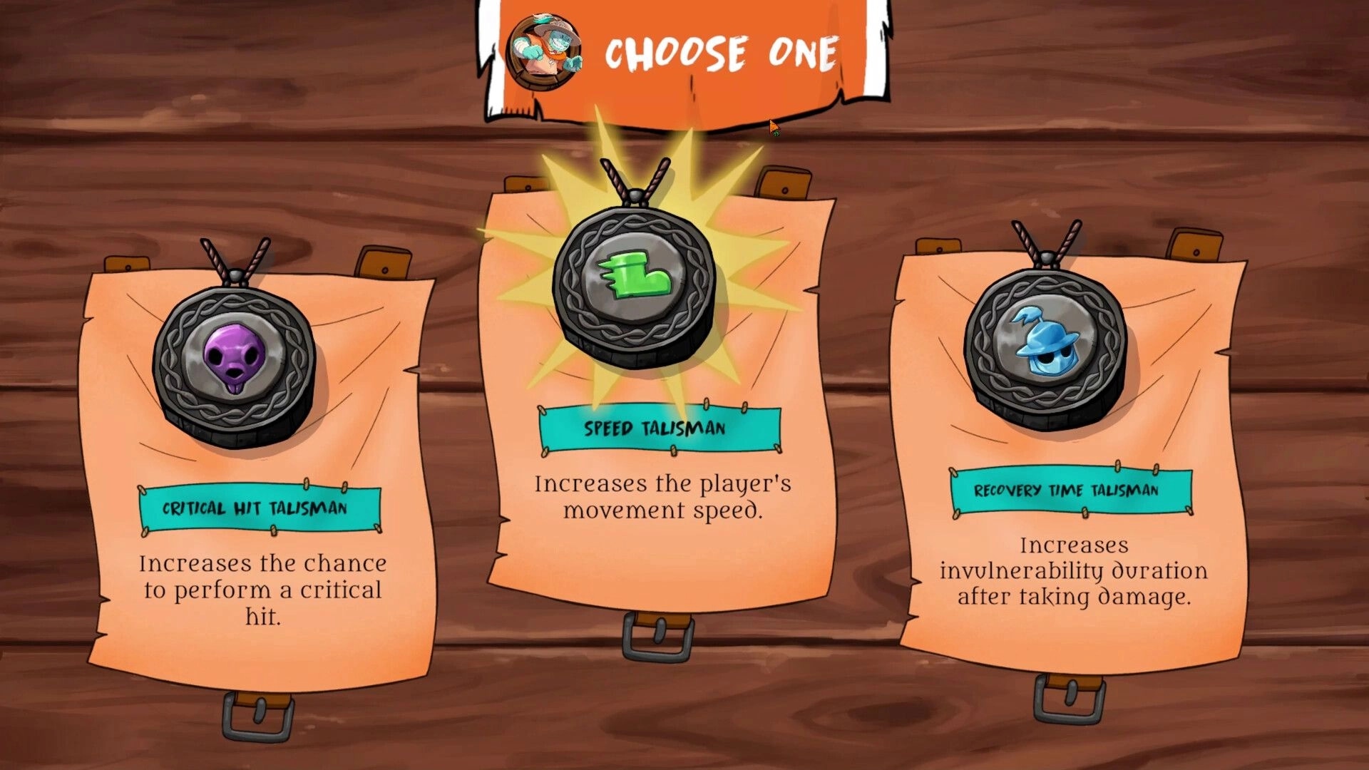 Farmageddon: Choose one upgrade screen with three talisman cards on a wooden wall background.