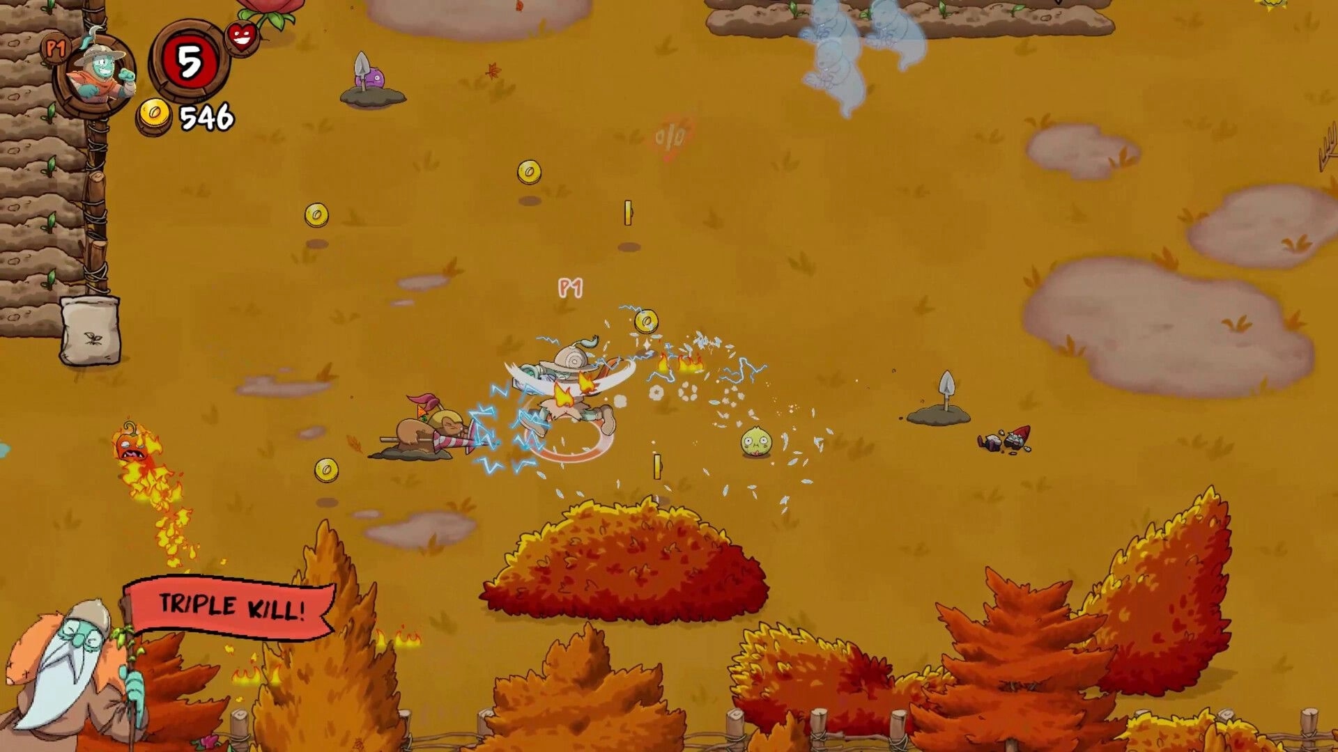 Farmageddon: P1 shocks enemies in a dirt field as coins drop and TRIPLE KILL banner pops up.