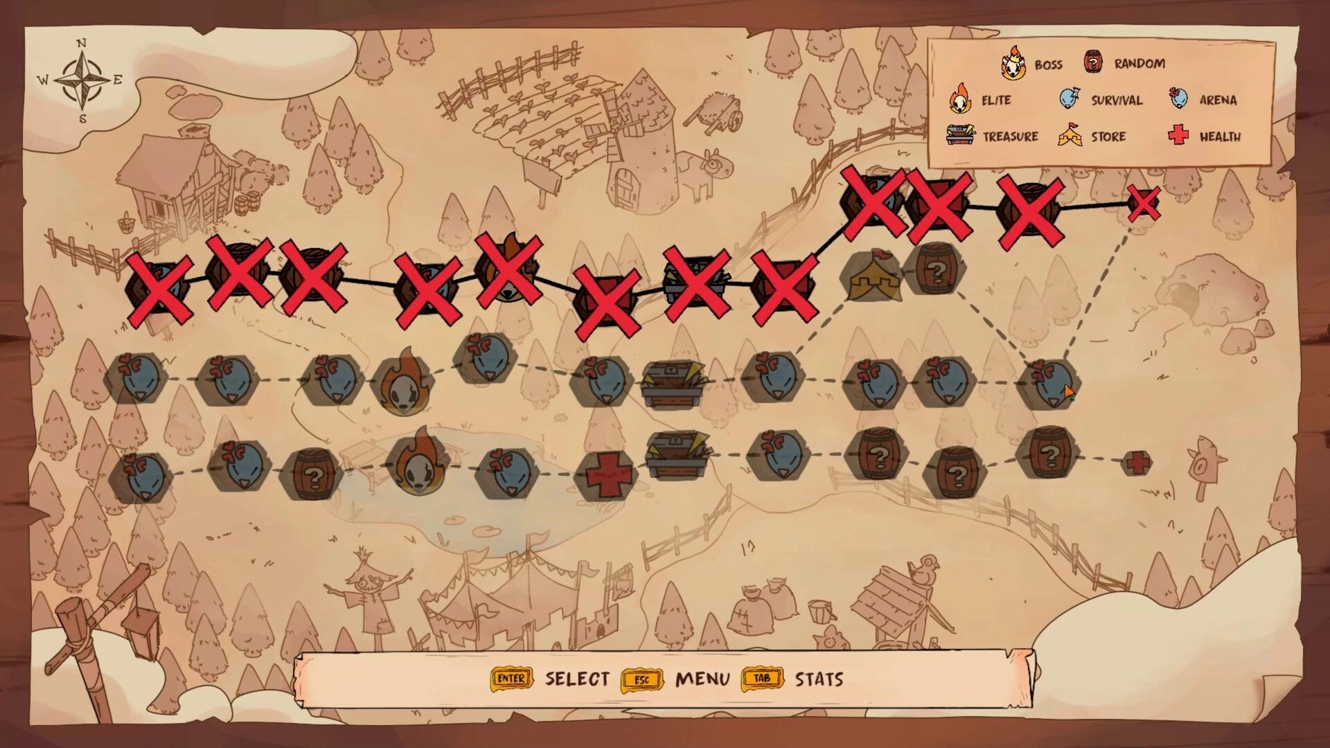 Farmageddon: Level path map with crossed-out stages and mode icons over a parchment farm landscape.