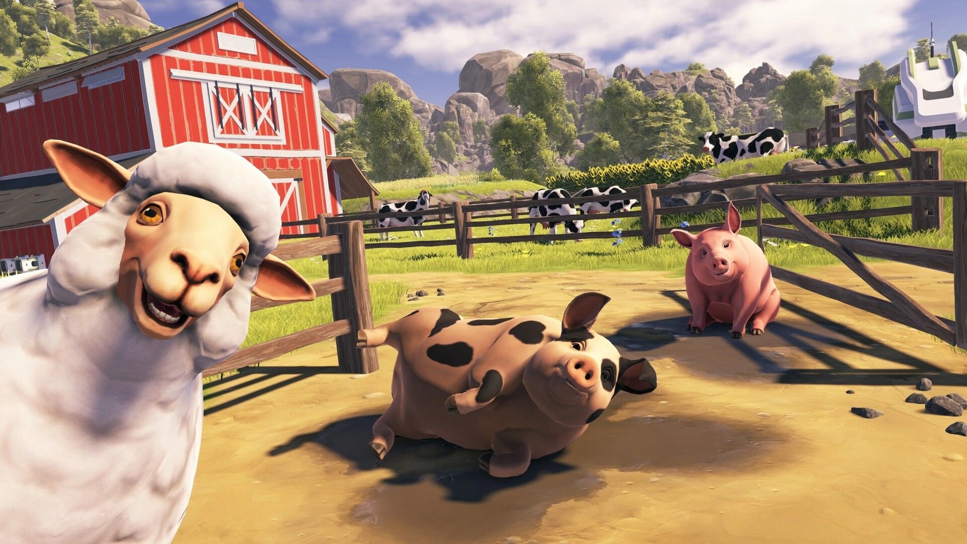 Farmbotic: Smiling sheep and pig in a fenced barnyard with cows grazing by a red barn and hills.