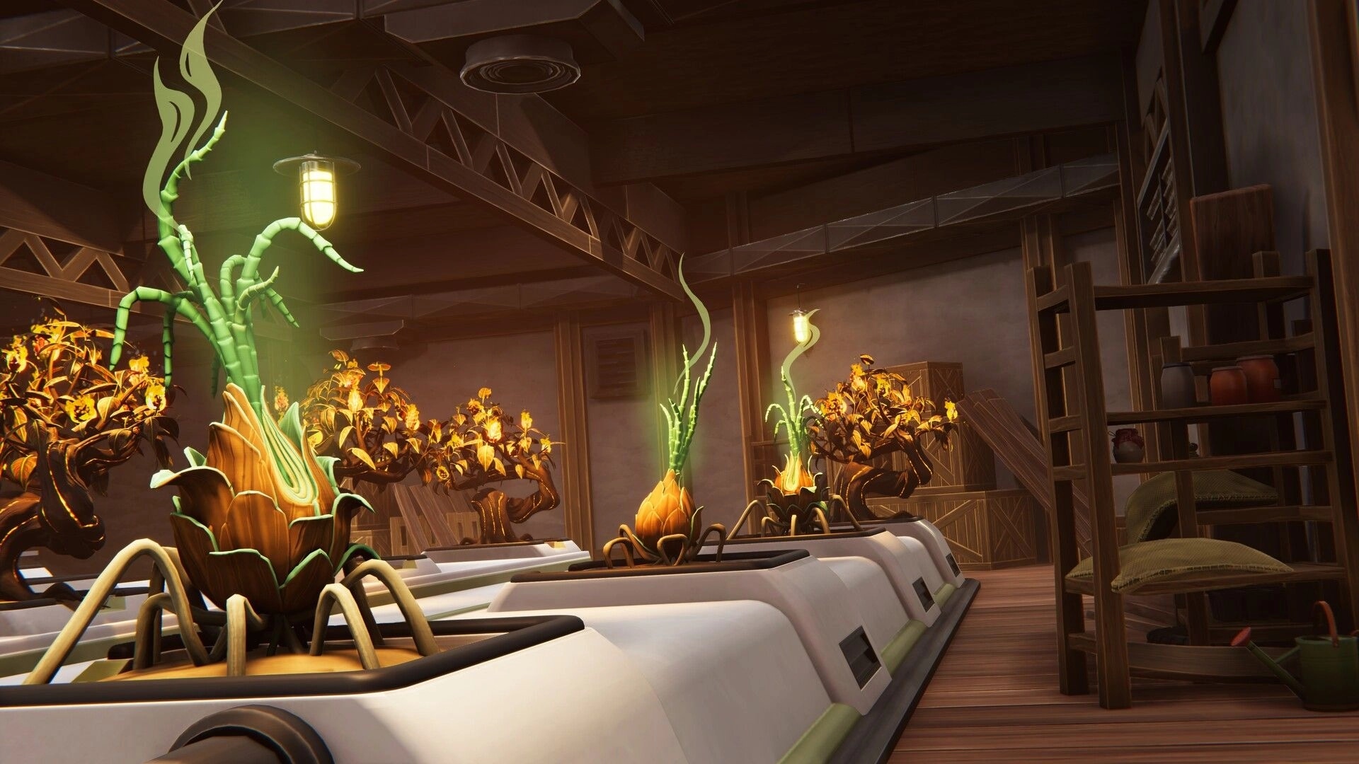 Farmbotic: Indoor hydroponic grow beds with alien crops in a wooden shed lit by hanging lamps.