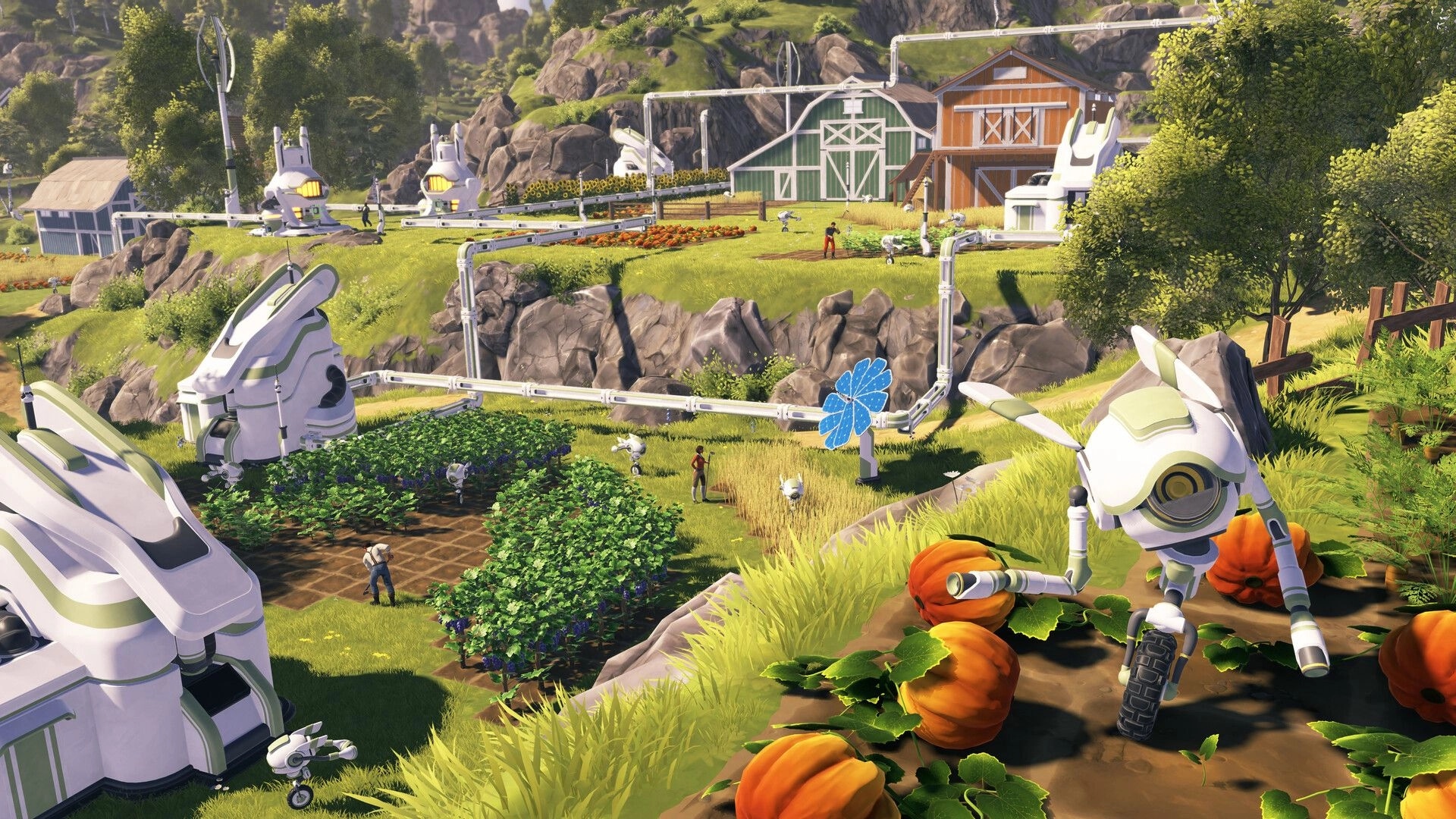 Farmbotic: Farming bots tend pumpkin and crop fields beside barns and conveyor pipes in hills.
