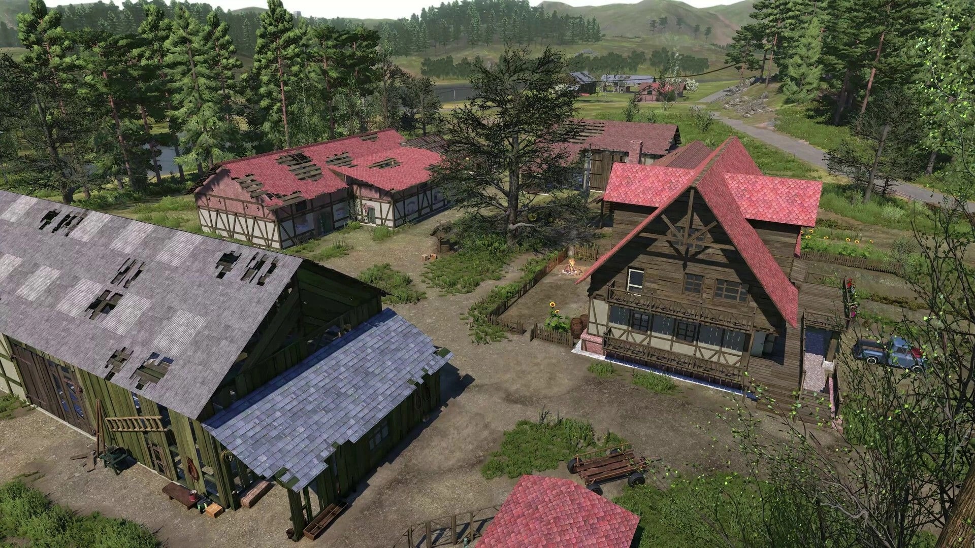 Farmer's Dynasty 2: Overhead view of farmhouse and barns with worn roofs in a forested valley farmstead.