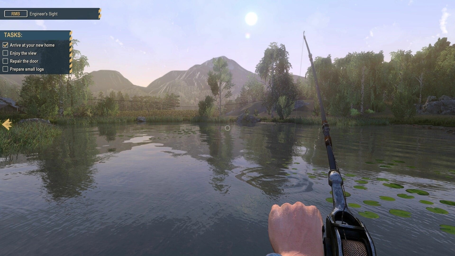 Farmer's Dynasty 2: First-person fishing with rod and task list UI by a calm lake at sunrise.