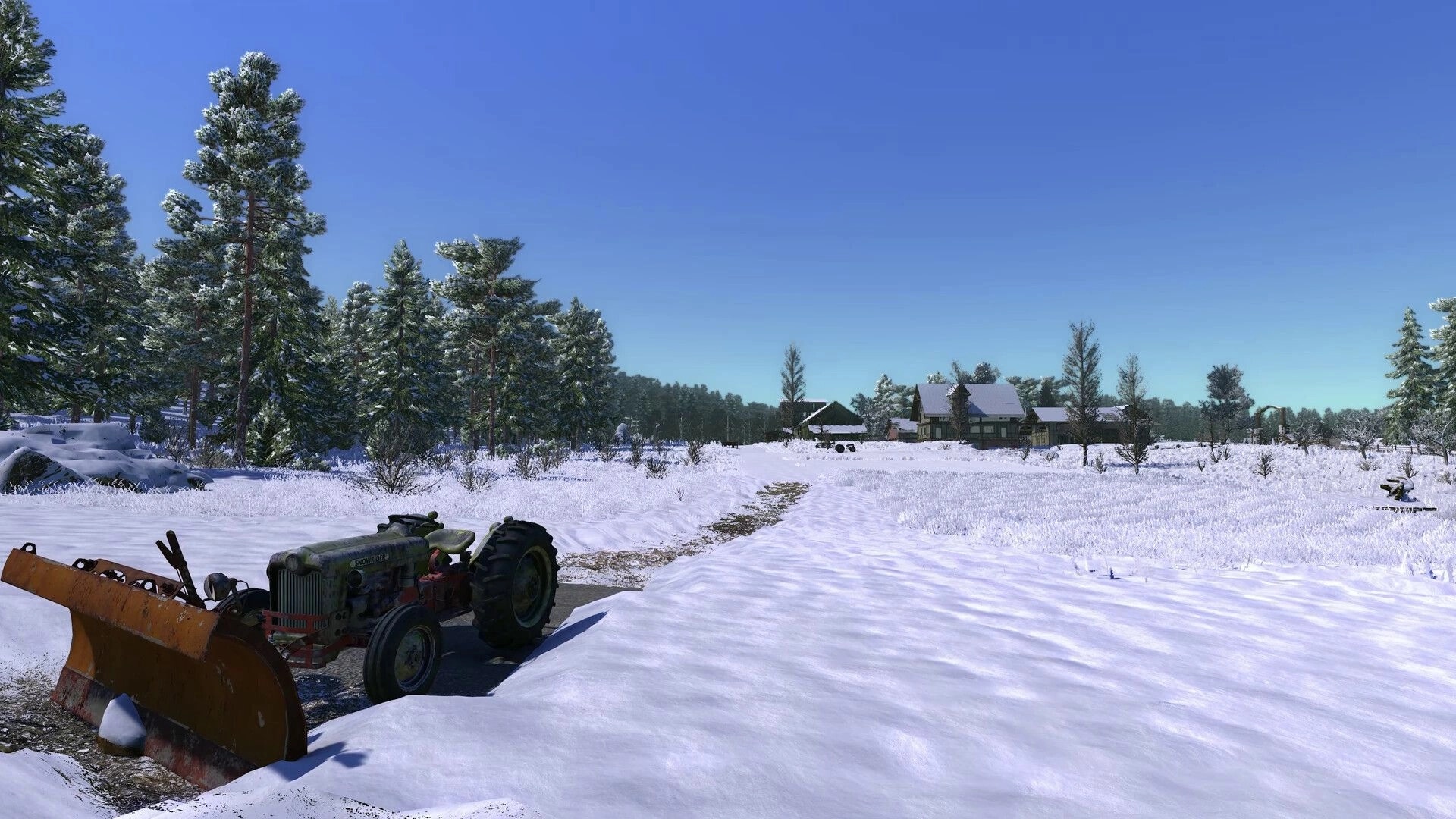 Farmer's Dynasty 2: Tractor with snowplow parked by a snowy farm road near barns and pine trees.