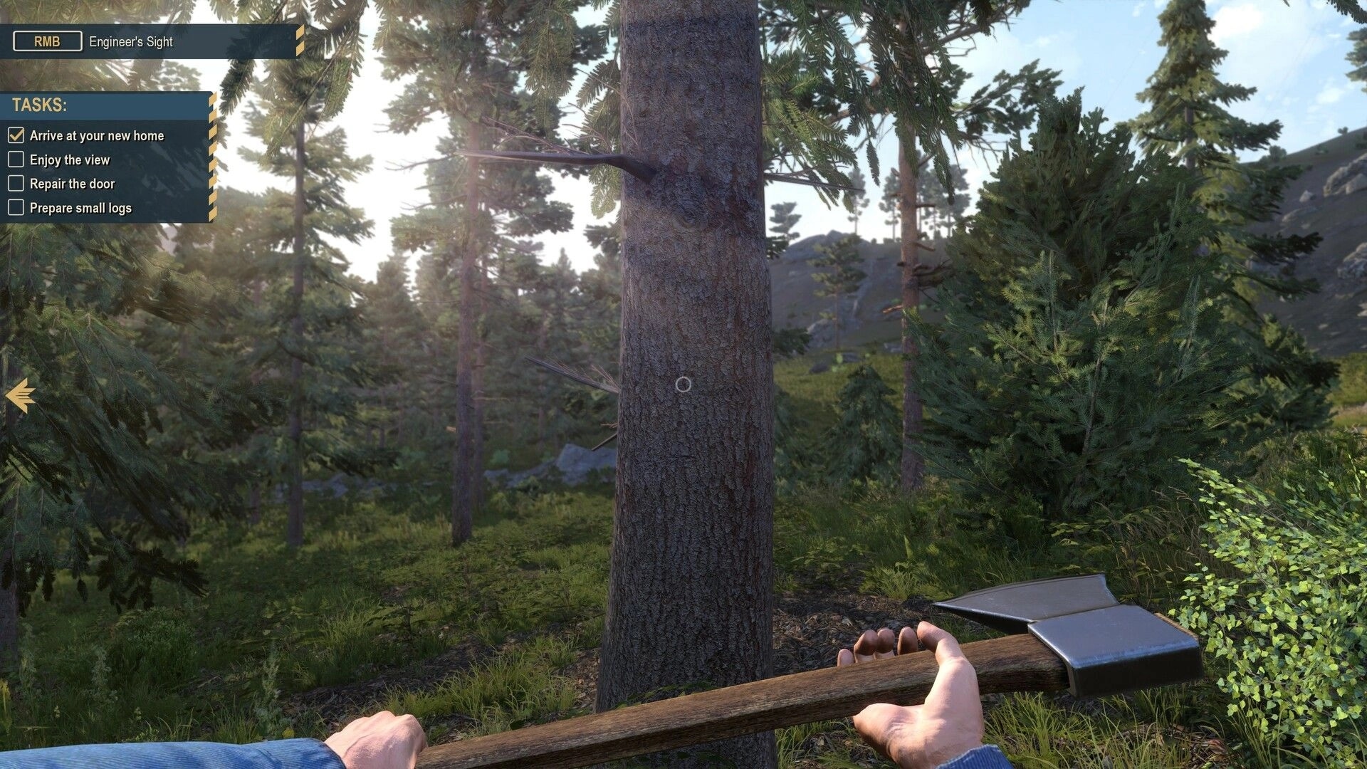 Farmer's Dynasty 2: First-person axe aimed at a pine tree with task list UI in a forest clearing.