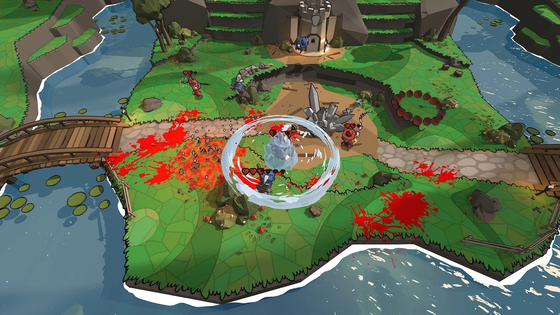 Fat Goblins: Goblins engage in chaotic combat on grassy island with castle, bridges, and blood splatters.