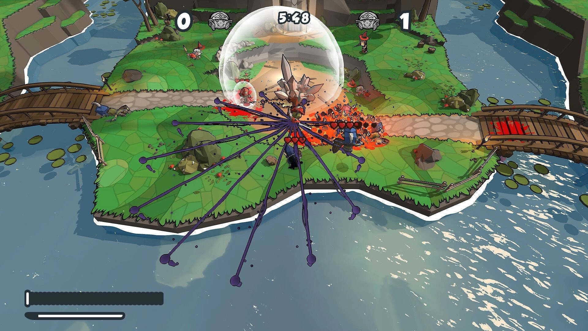 Fat Goblins: Goblins battling on grassy island with paths, bridges, and water surrounding the area.