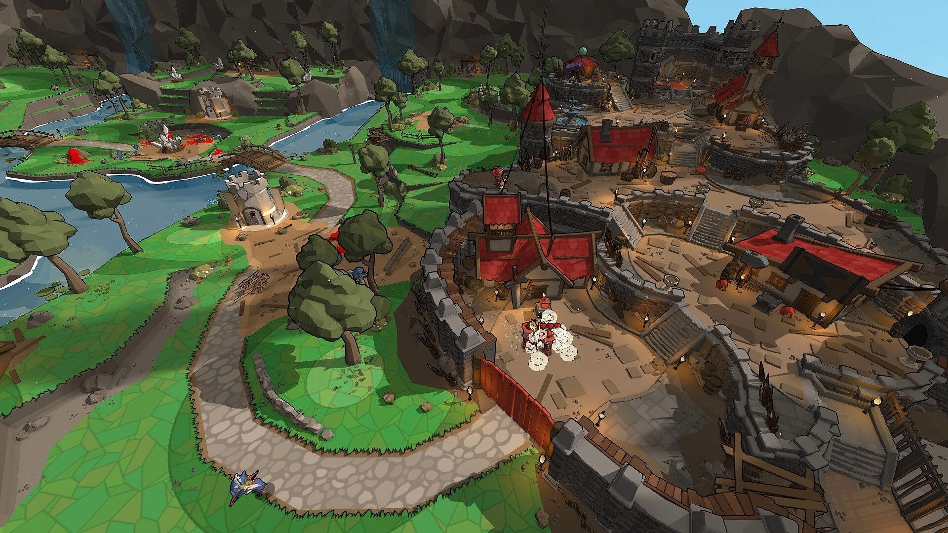 Fat Goblins: Overhead view of a fortified castle with surrounding paths and lush green landscape