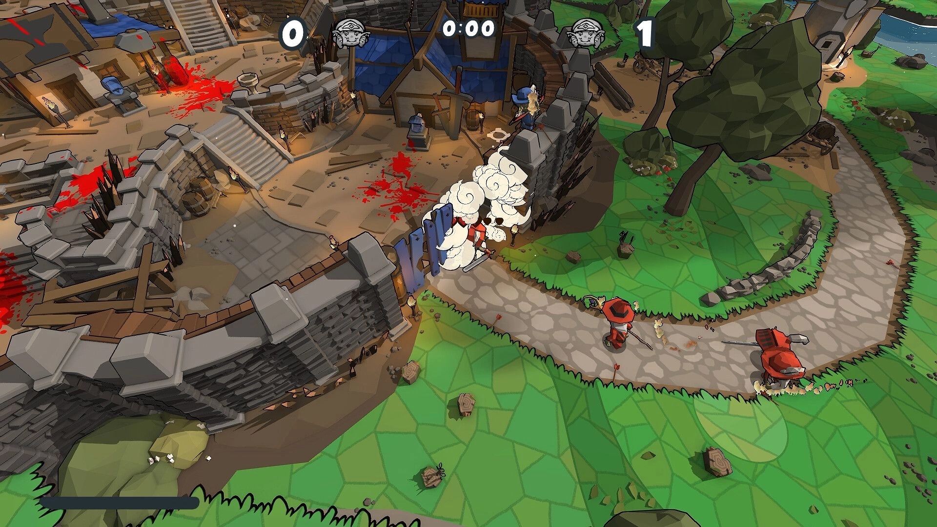 Fat Goblins: Goblins charge castle gate amid battle chaos, with scores displayed at the top.