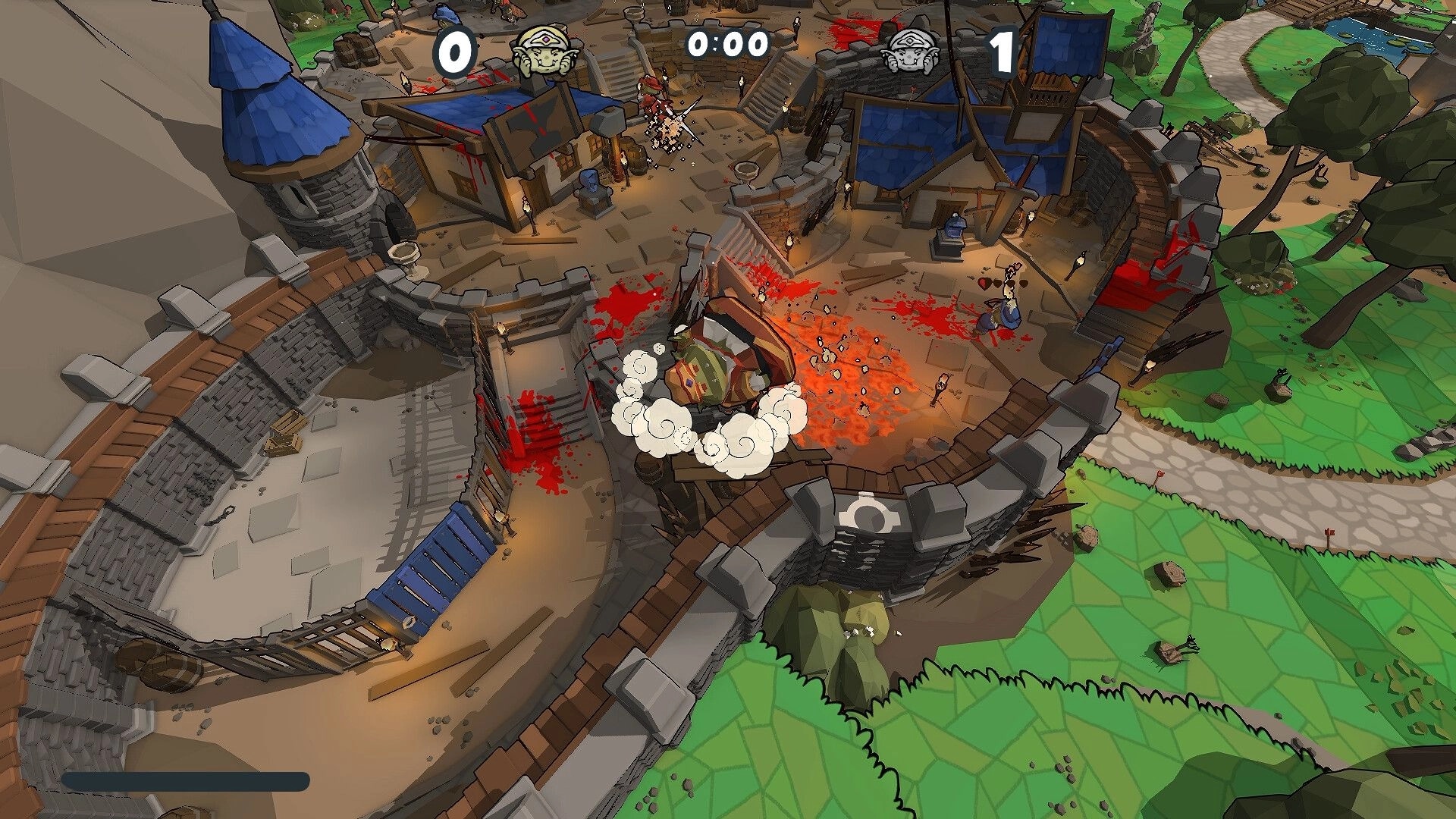 Fat Goblins: Explosive battle at castle entrance, goblins clash amid chaos and destruction
