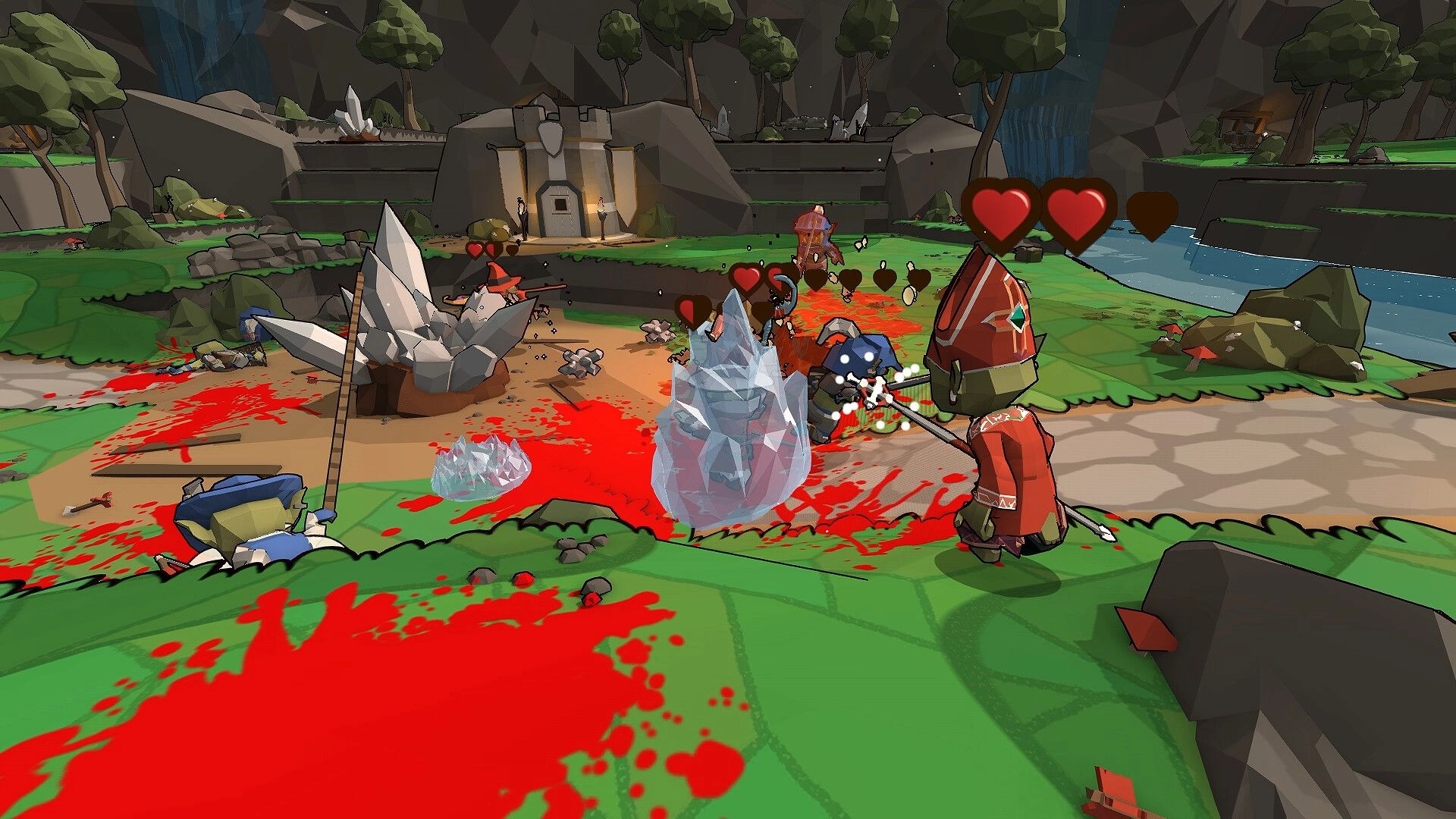 Fat Goblins: Goblins in combat with crystal barriers and heart icons in a forested battlefield