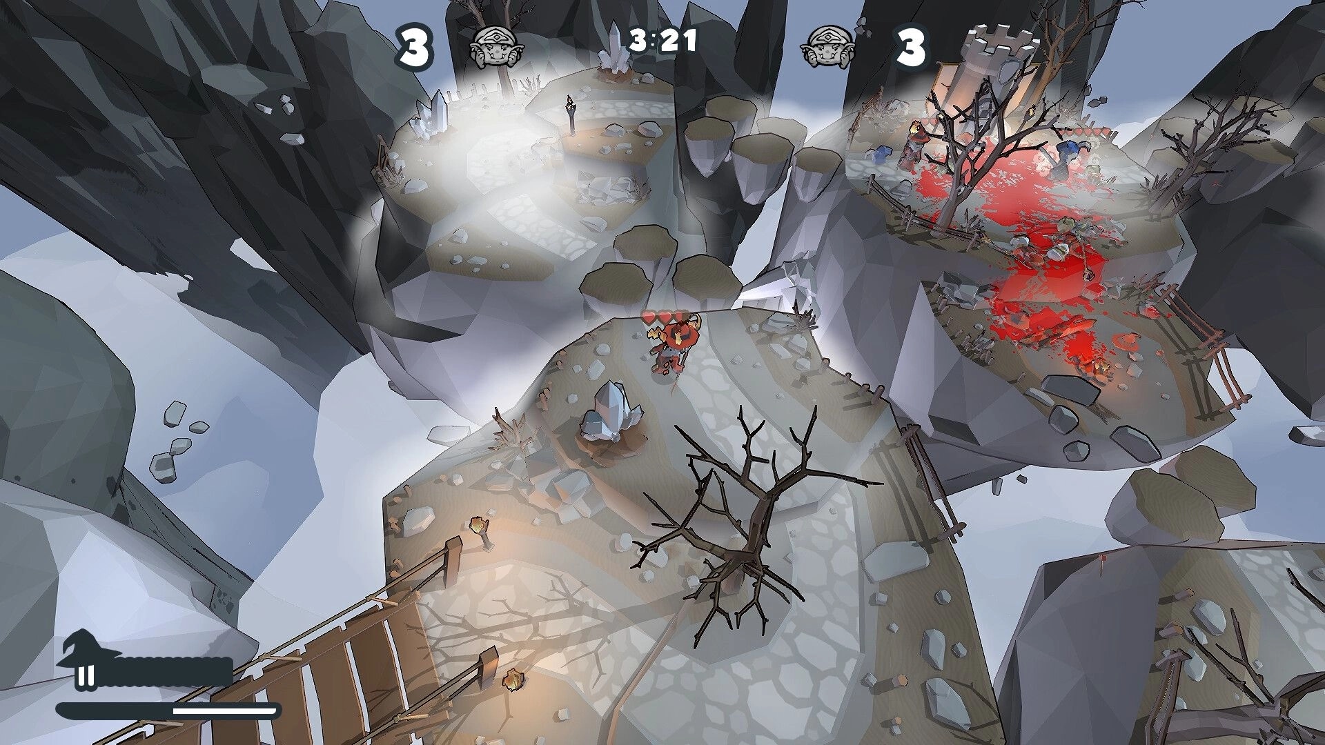 Fat Goblins: Overhead view of goblin battle on rocky cliffs, with UI showing scores and timer.