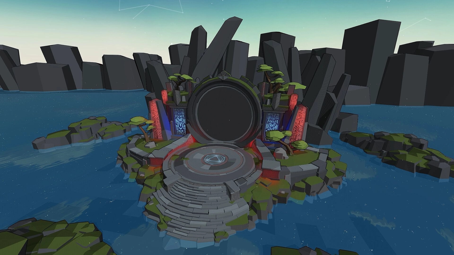 Fat Goblins: Large stone portal surrounded by water and rocks in a mystical island setting