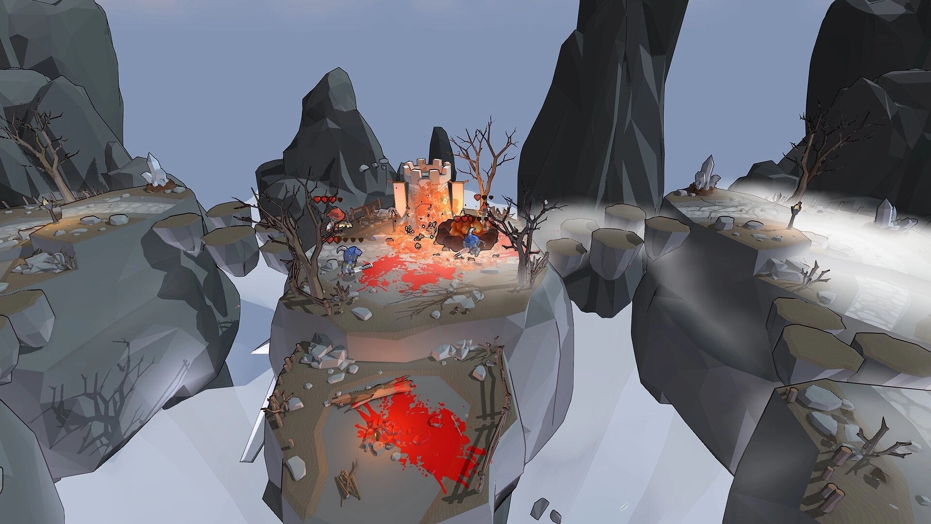Fat Goblins: Goblins battle near a fiery castle, surrounded by rocky cliffs and barren trees.