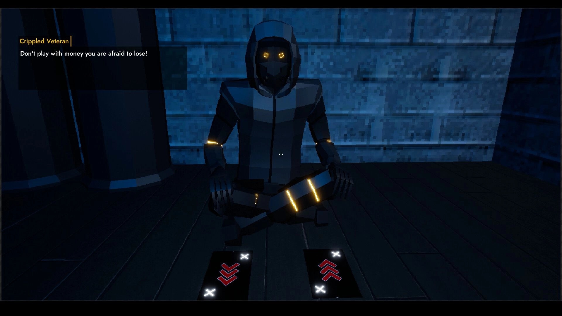 Fatal Gaming: Crippled Veteran character sits with glowing eyes and cards in a dimly lit stone room.
