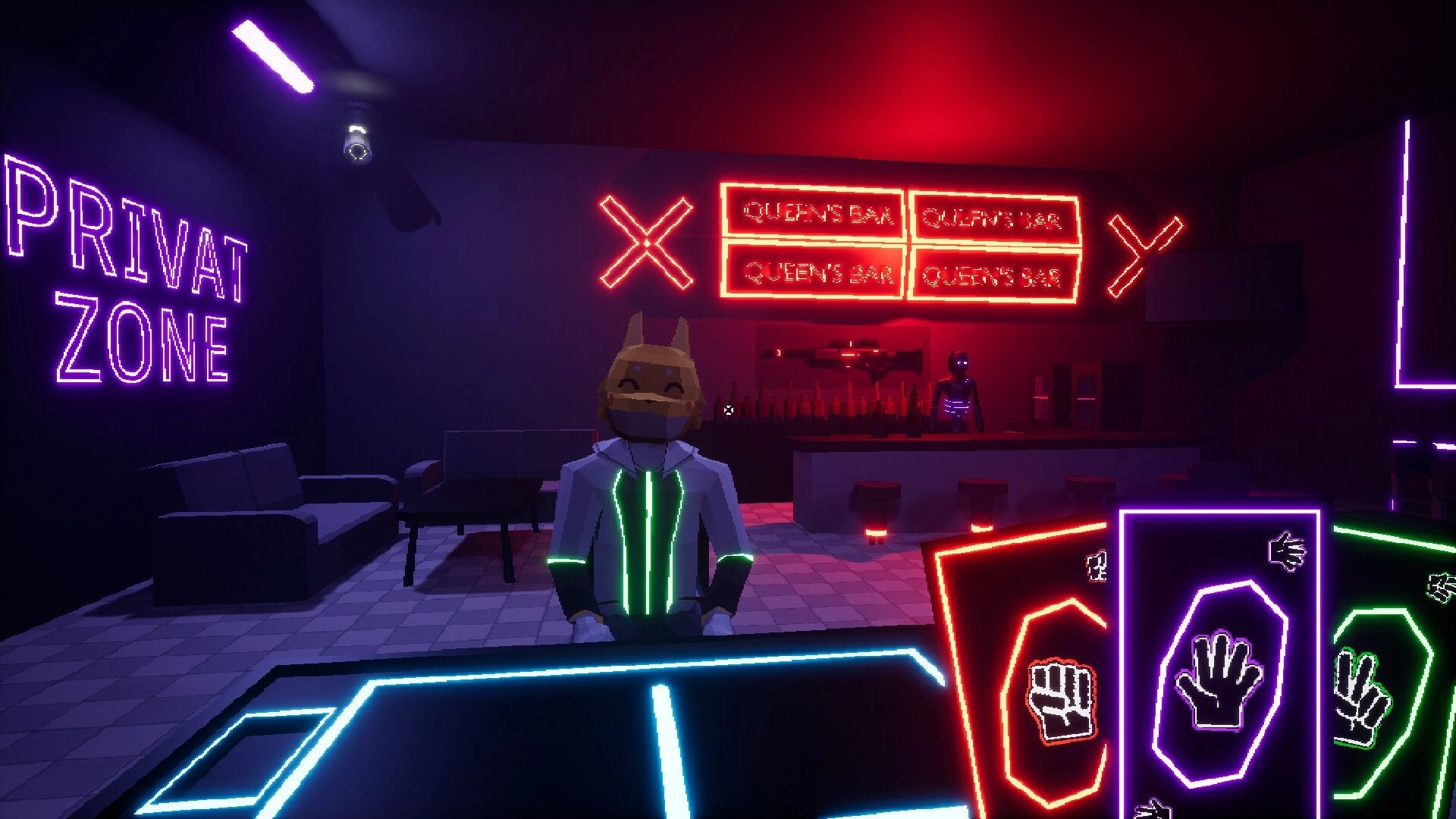Fatal Gaming: Player at neon-lit bar with cards in hand, surrounded by glowing signs and dark seating area.