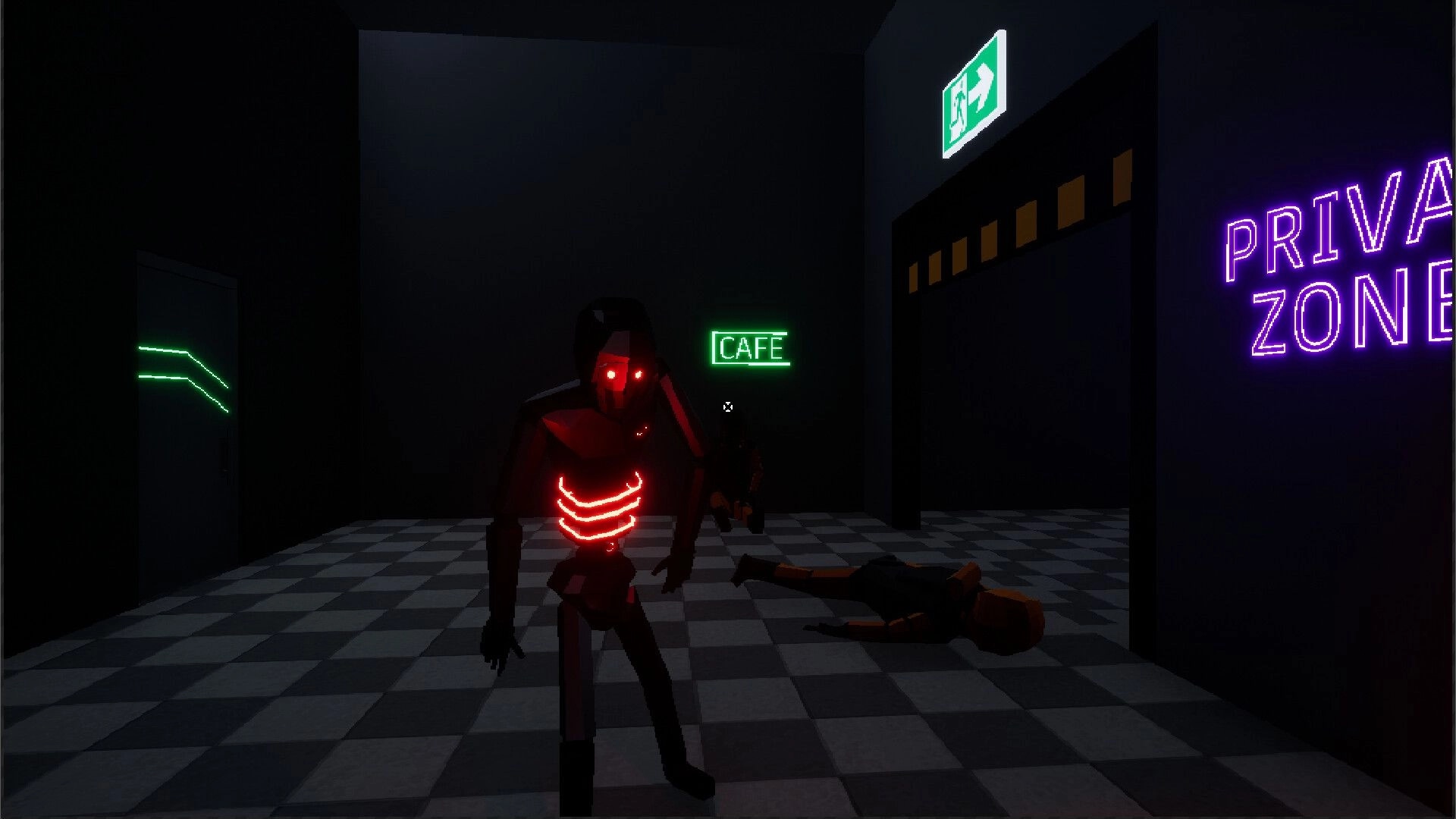 Fatal Gaming: Red-eyed robot in dark hallway with neon signs and fallen bodies nearby