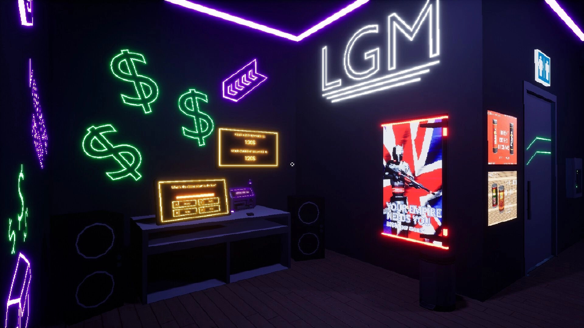Fatal Gaming: Neon-lit room with dollar signs, LGM logo, and digital screens displaying game stats