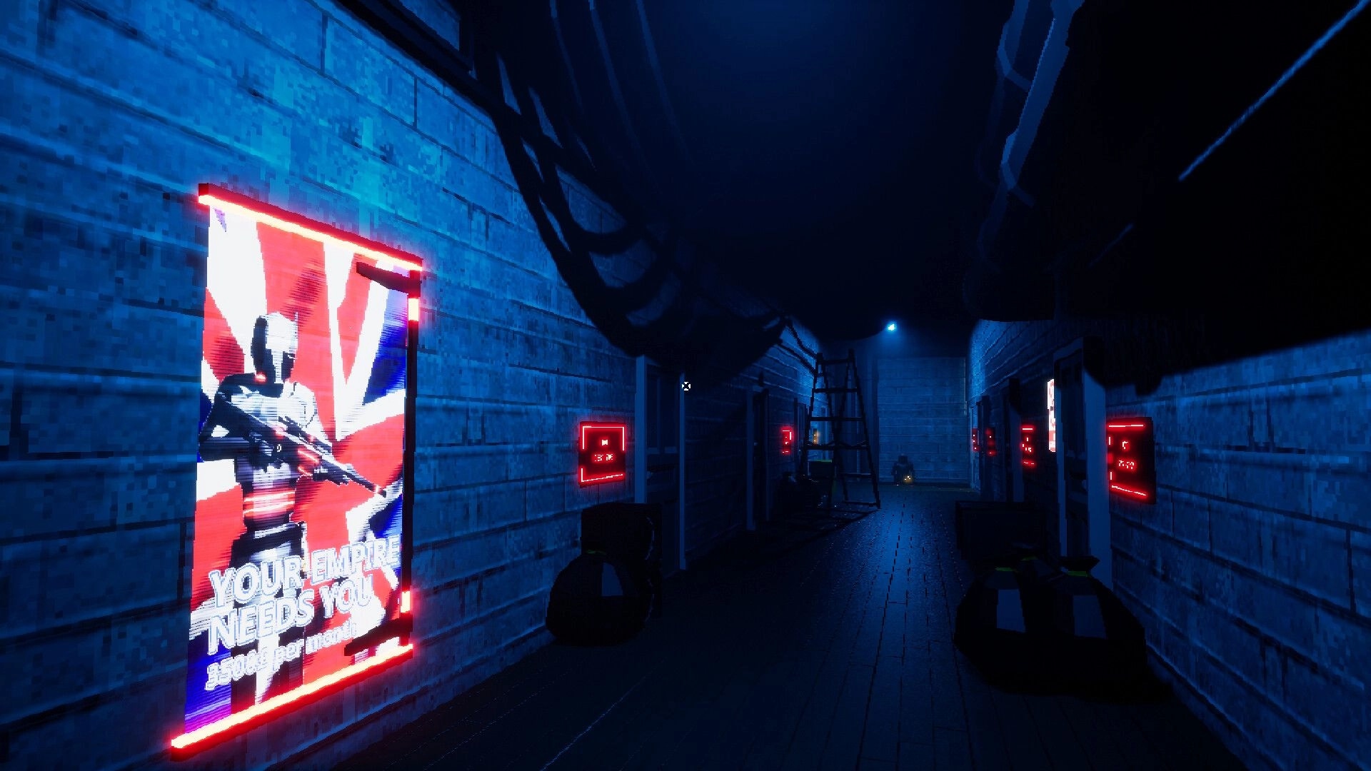 Fatal Gaming: Neon-lit corridor with ominous posters and glowing red screens in dimly lit hallway