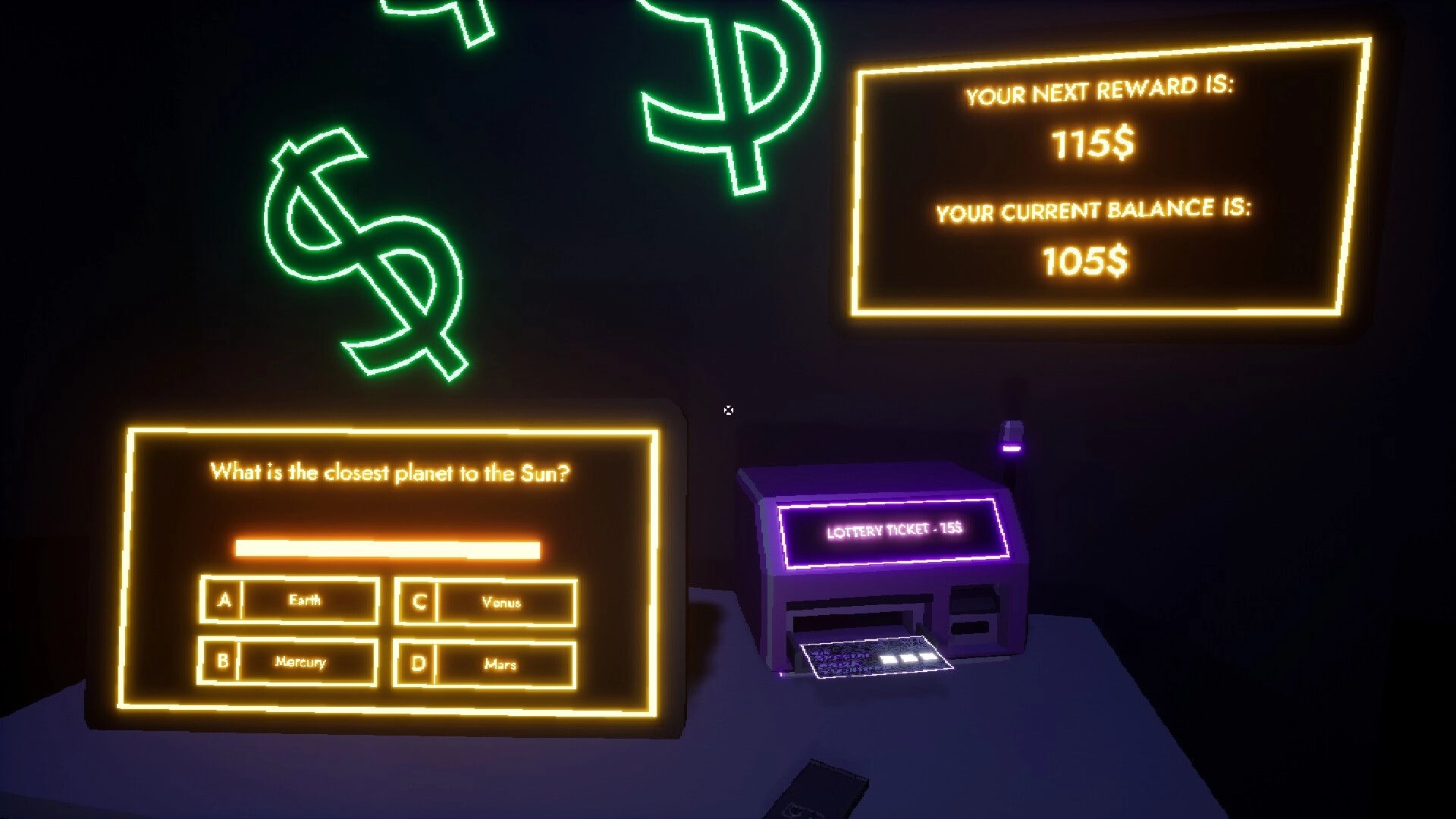 Fatal Gaming: Trivia question display with reward balance and neon dollar signs in dark game show setting