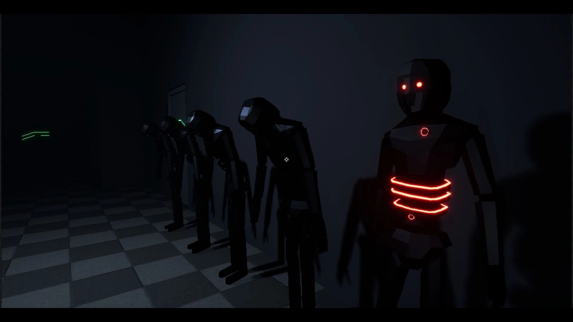 Fatal Gaming: Dark corridor with eerie mannequins, one glowing red, on a checkered floor