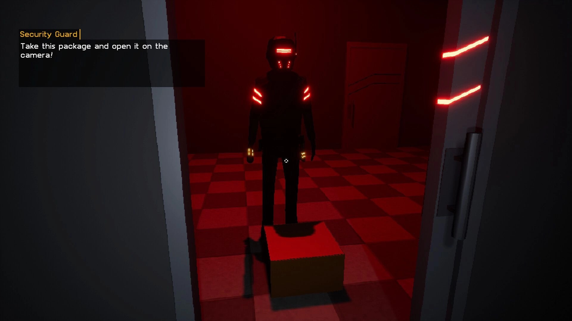 Fatal Gaming: Security guard in dim red-lit room directs player to open package on checkered floor