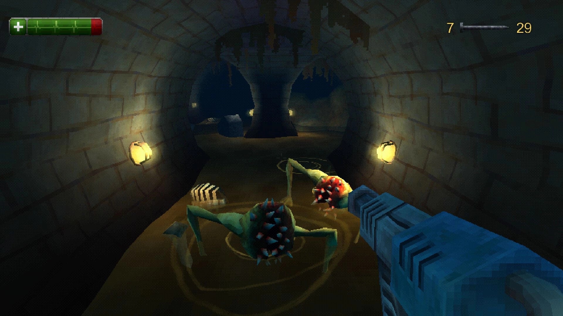 Fatberg: Player aims weapon at two spiked creatures in a dark sewer tunnel with health bar and ammo count.