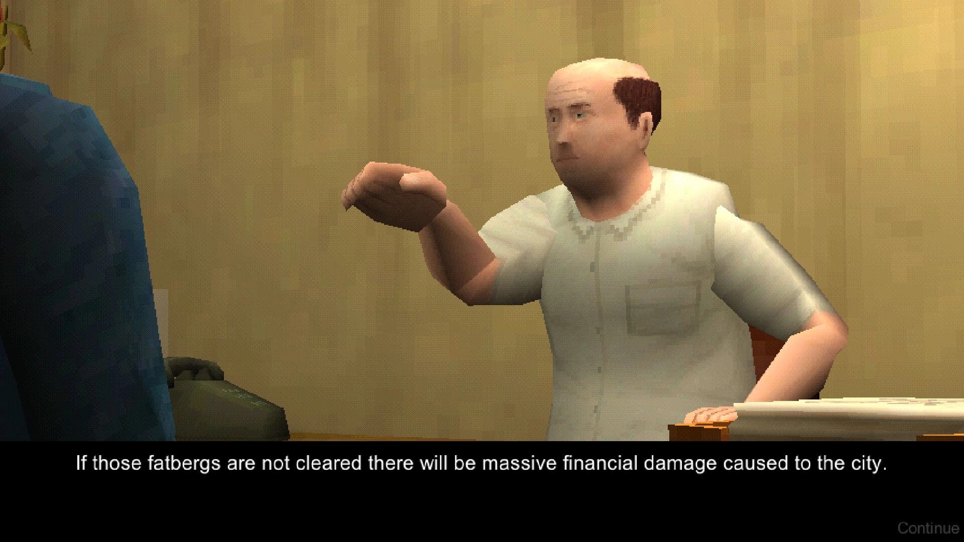 Fatberg: Bald man in white shirt urgently gestures in dimly lit room with warning text at bottom.