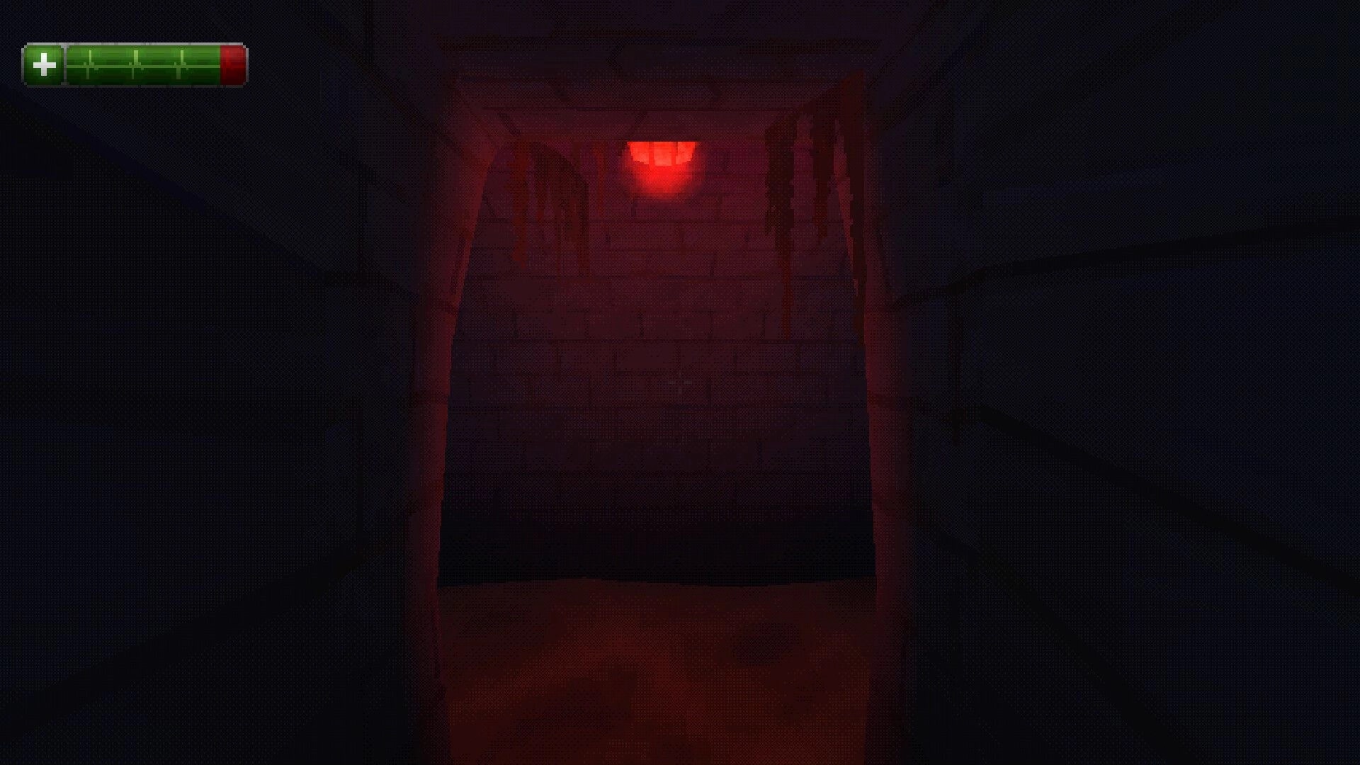 Fatberg: Exploring dimly lit sewer tunnel with red light and health bar in upper left corner
