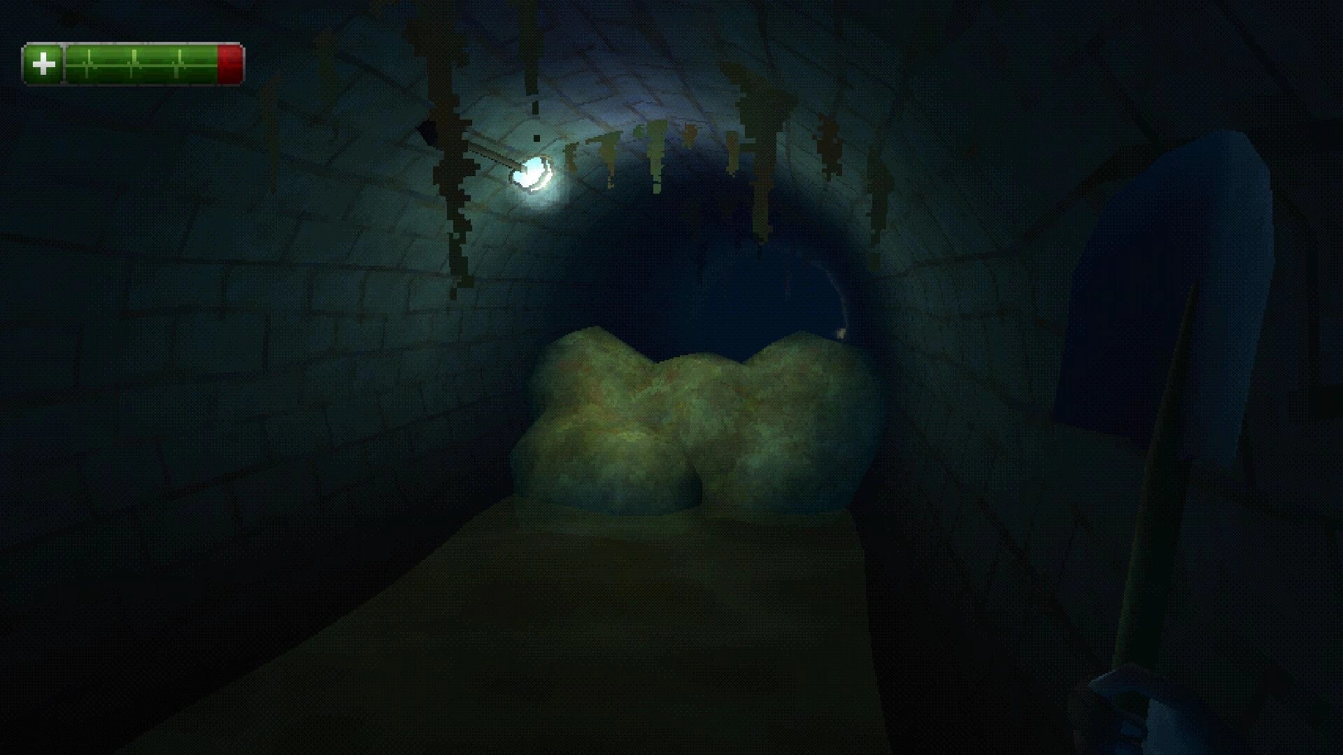 Fatberg: Sewer tunnel with health bar, janitor holding tool, facing large blockage ahead