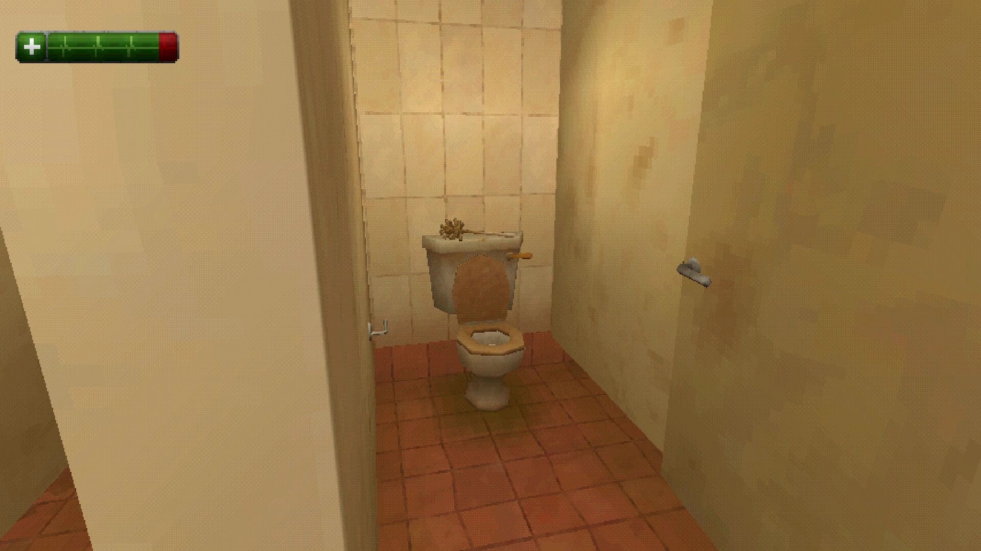 Fatberg: First-person view of a toilet in a dimly lit bathroom, with health bar visible in top corner.