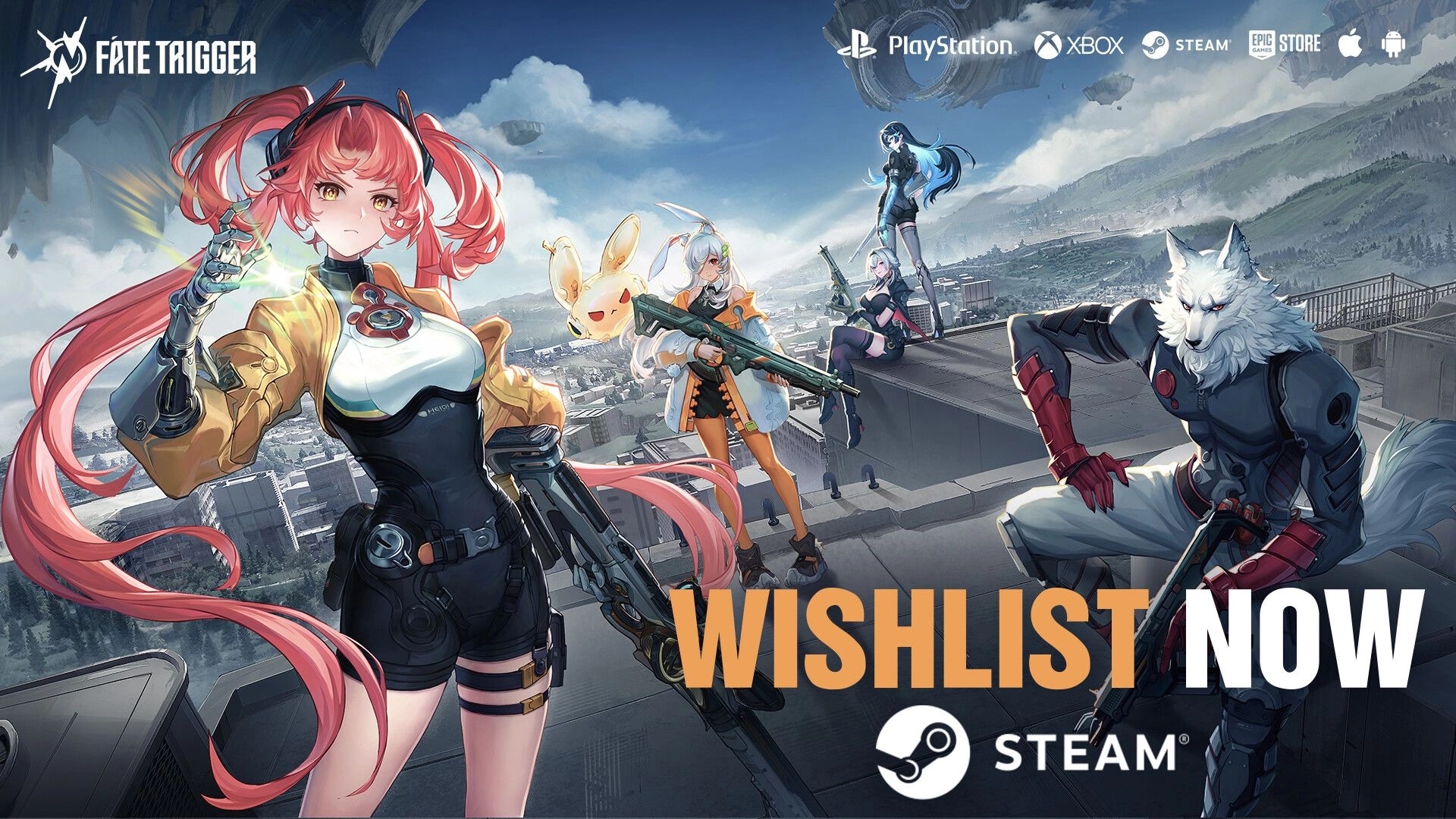 Fate Trigger: Heroes pose on rooftop of futuristic city, each wielding unique weapons and skills.