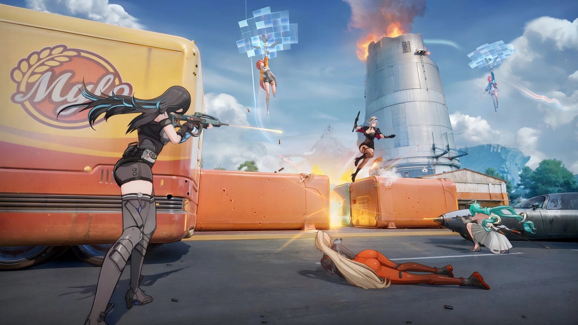 Fate Trigger: Intense battle with heroes exchanging fire near a tower on a futuristic floating island.