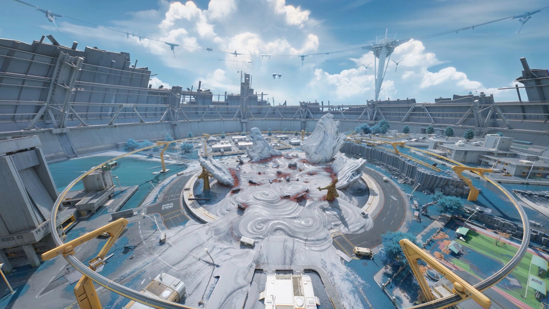 Fate Trigger: Overview of futuristic arena with swirling vortex and towering structures under a bright sky
