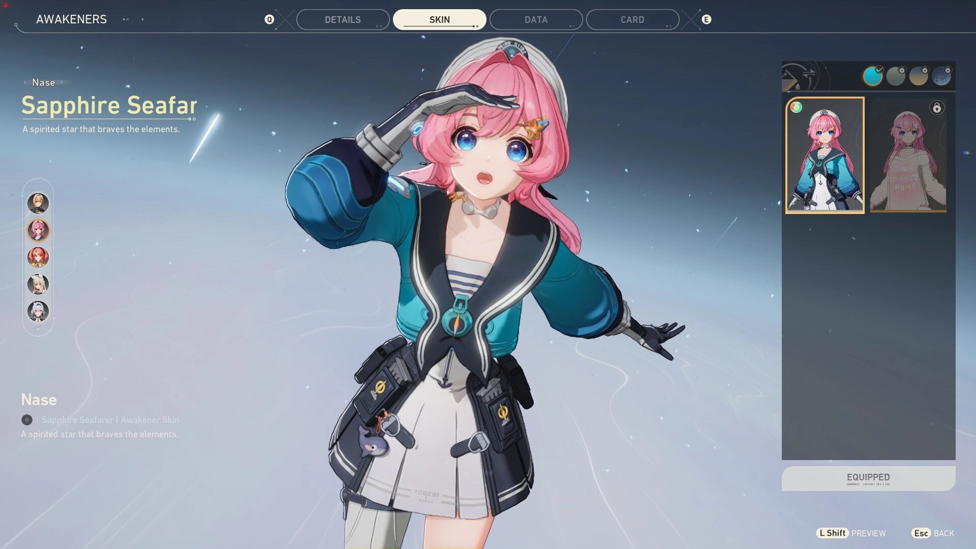 Fate Trigger: Character skin selection screen featuring Nase in Sapphire Seafar outfit, UI elements visible.