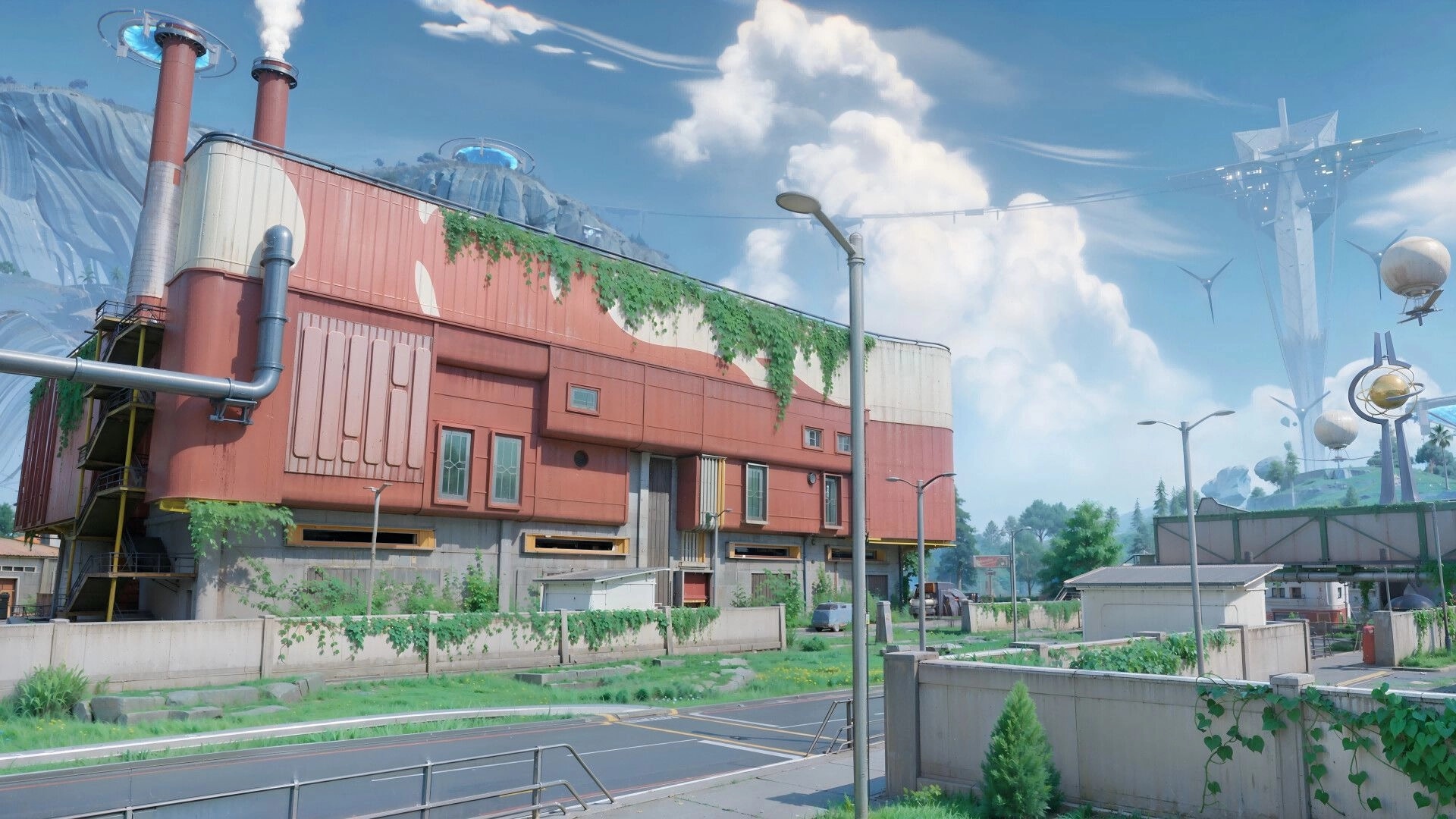 Fate Trigger: Industrial building with overgrown vines, surrounded by futuristic floating structures