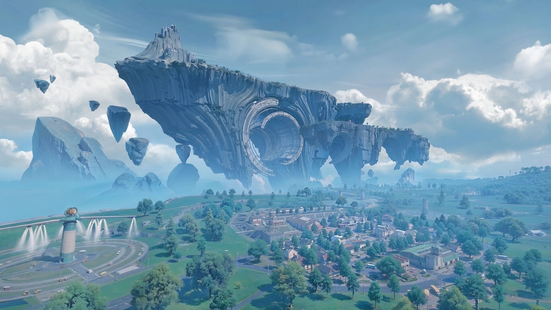 Fate Trigger: Vast landscape with floating islands above a town, showcasing a futuristic environment