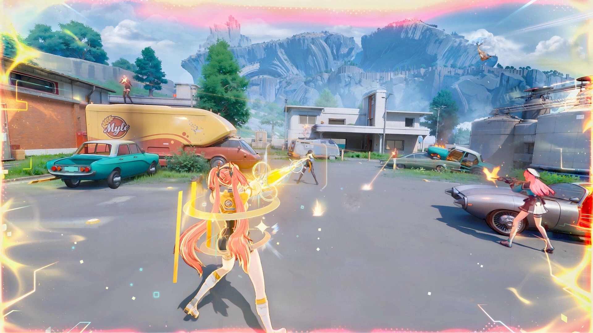 Fate Trigger: Intense street battle with heroes using special skills amidst parked cars and a truck.